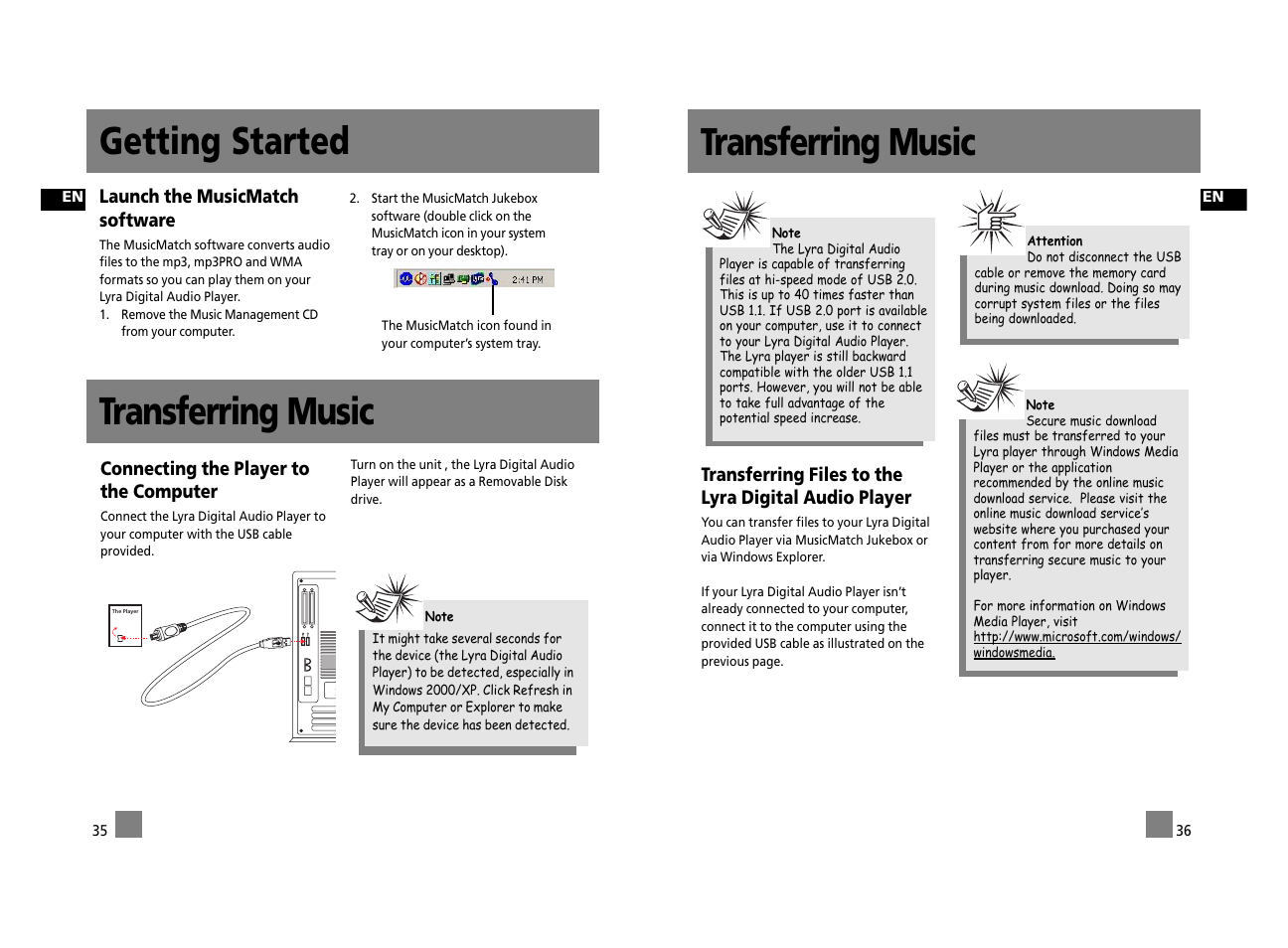Getting started, Transferring music, Connecting the player to the computer | Launch the musicmatch software | Technicolor - Thomson Thomson Lyra PDP2762X User Manual | Page 23 / 26