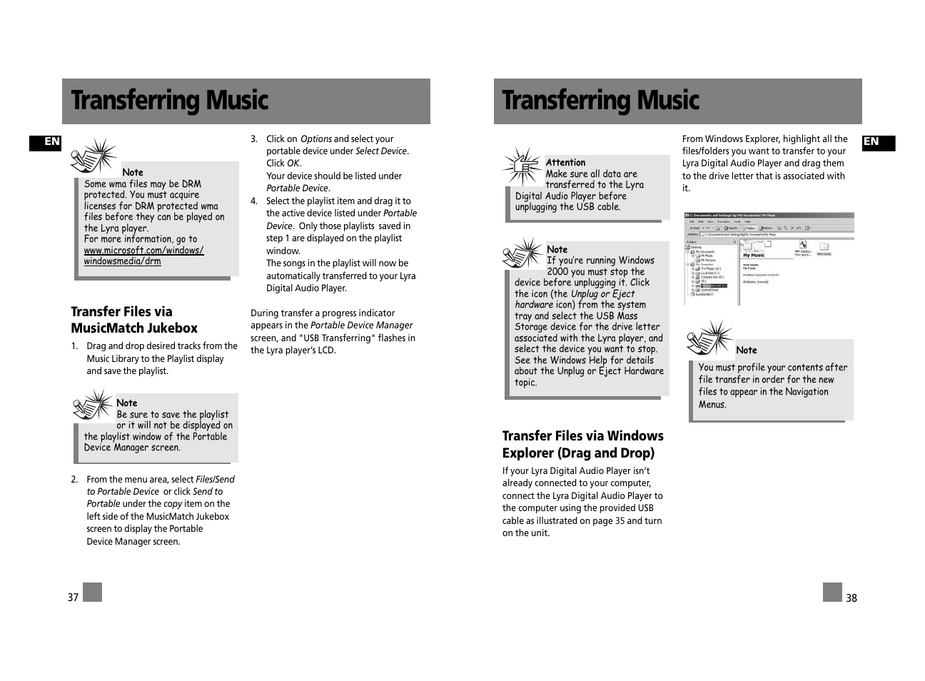 Transferring music, Transfer files via musicmatch jukebox | Technicolor - Thomson Thomson Lyra PDP2762X User Manual | Page 24 / 26