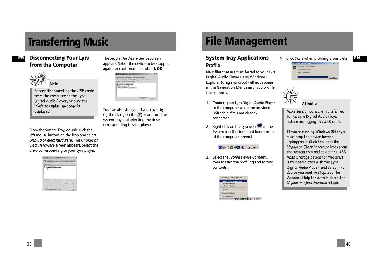 Transferring music, File management, Disconnecting your lyra from the computer | System tray applications | Technicolor - Thomson Thomson Lyra PDP2762X User Manual | Page 25 / 26