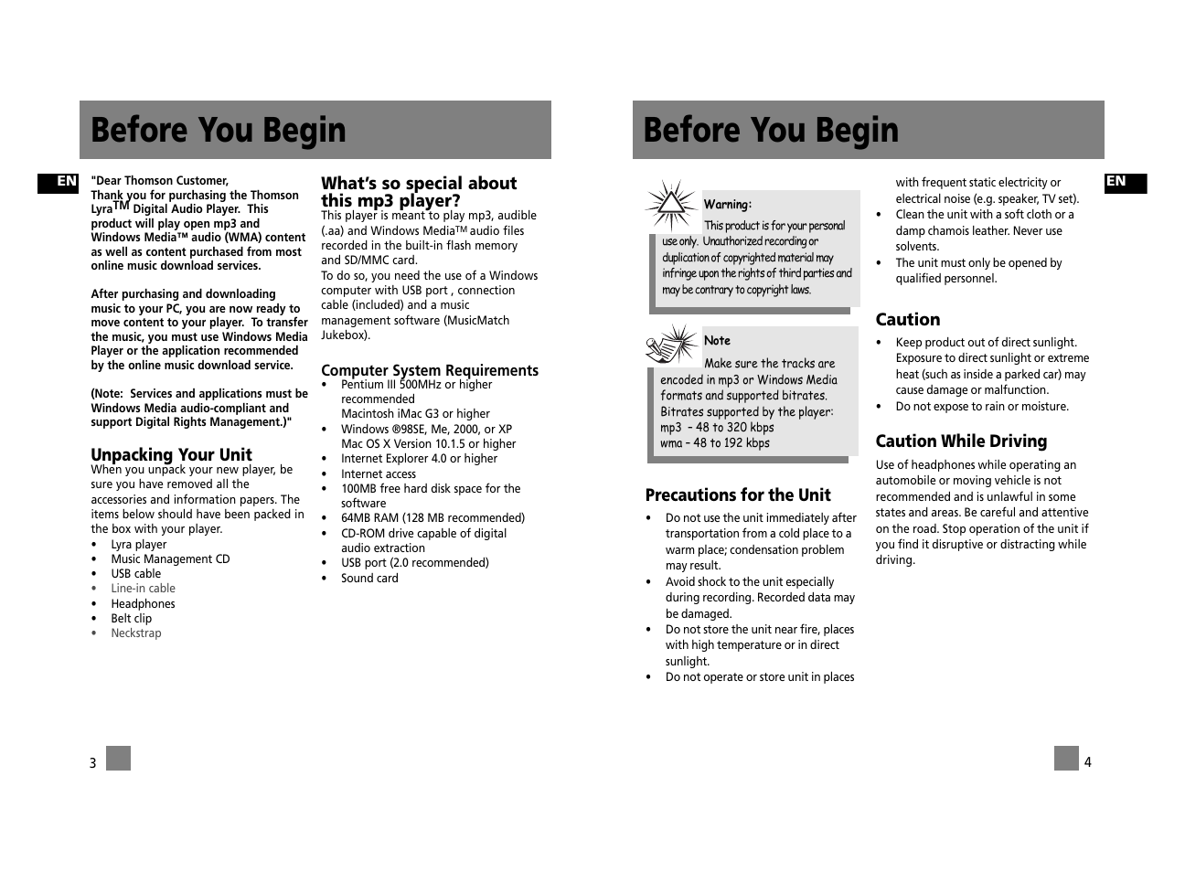 Before you begin, Precautions for the unit, Caution | Caution while driving, Unpacking your unit, What’s so special about this mp3 player | Technicolor - Thomson Thomson Lyra PDP2762X User Manual | Page 7 / 26