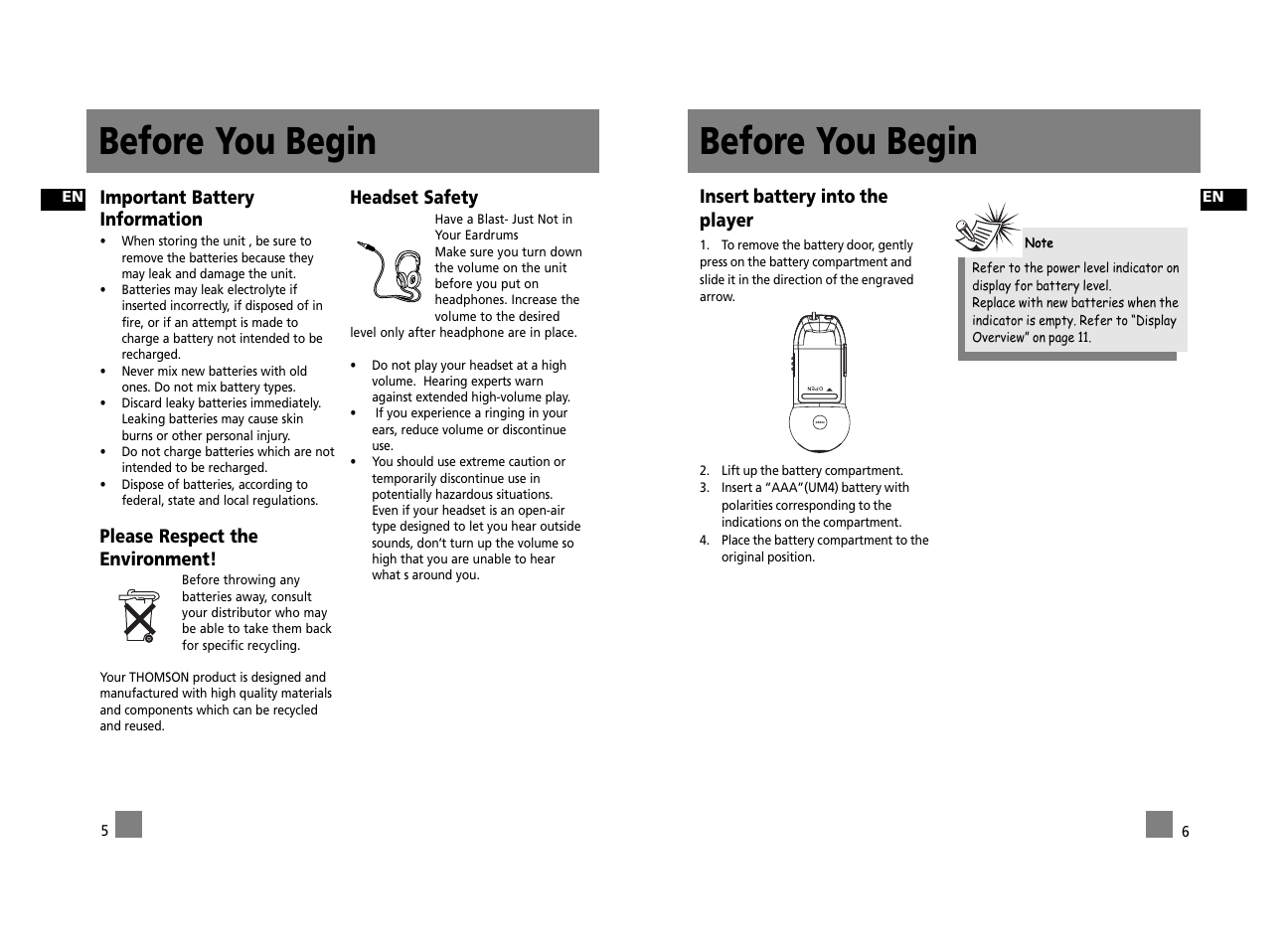 Before you begin, Insert battery into the player, Important battery information | Please respect the environment, Headset safety | Technicolor - Thomson Thomson Lyra PDP2762X User Manual | Page 8 / 26