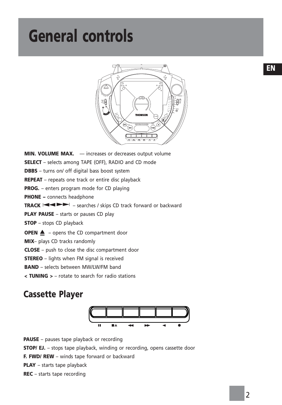 General controls, Cassette player, Cd multifunction display | Radio cassette recorder, Off) | Technicolor - Thomson TM9233 User Manual | Page 3 / 9