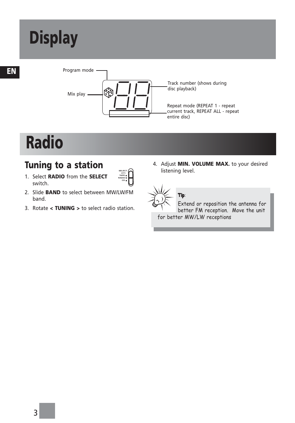 Display radio, Tuning to a station, En 3 | Technicolor - Thomson TM9233 User Manual | Page 4 / 9