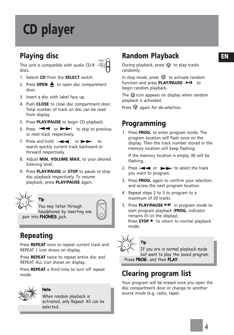 Cd player, Random playback, Programming | Playing disc, Repeating, Clearing program list | Technicolor - Thomson TM9233 User Manual | Page 5 / 9