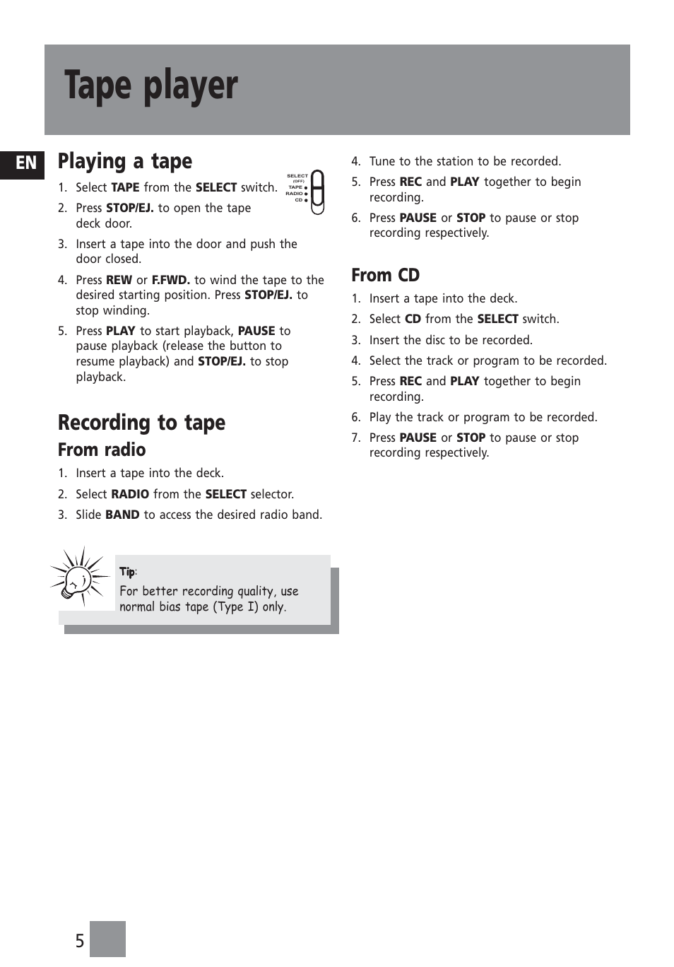 Tape player, Playing a tape, Recording to tape | En 5 | Technicolor - Thomson TM9233 User Manual | Page 6 / 9