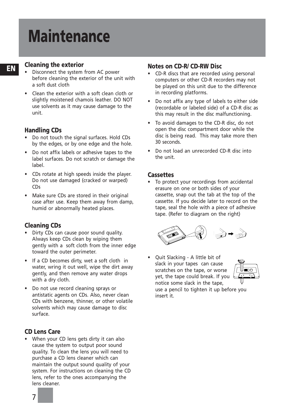 Maintenance, En 7, Cleaning the exterior | Handling cds, Cleaning cds, Cd lens care, Cassettes | Technicolor - Thomson TM9233 User Manual | Page 8 / 9