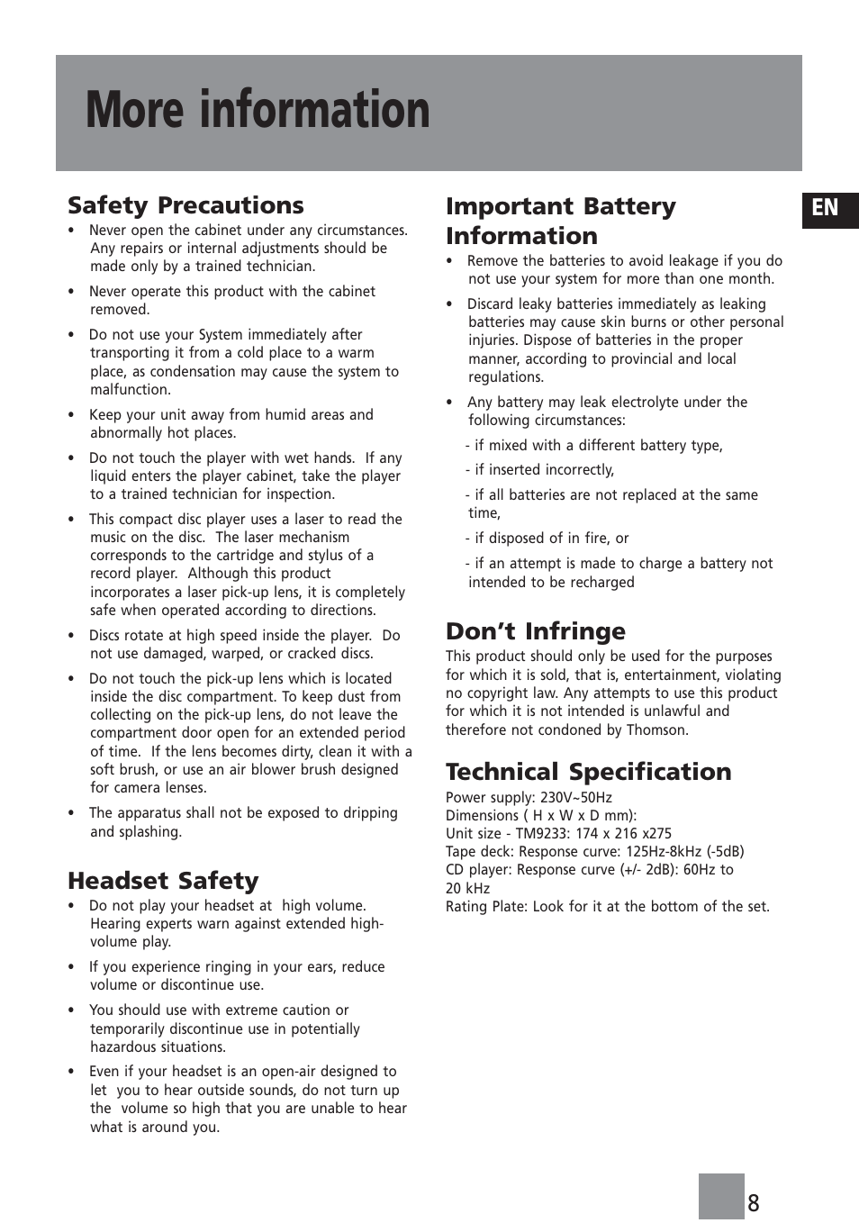 More information, En safety precautions, Headset safety | Important battery information, Don’t infringe, Technical specification | Technicolor - Thomson TM9233 User Manual | Page 9 / 9