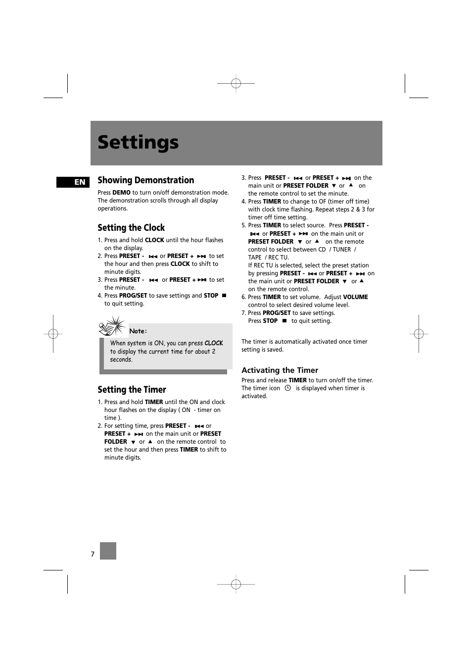 Settings, Showing demonstration, Setting the clock | Setting the timer | Technicolor - Thomson MS4200 User Manual | Page 11 / 23