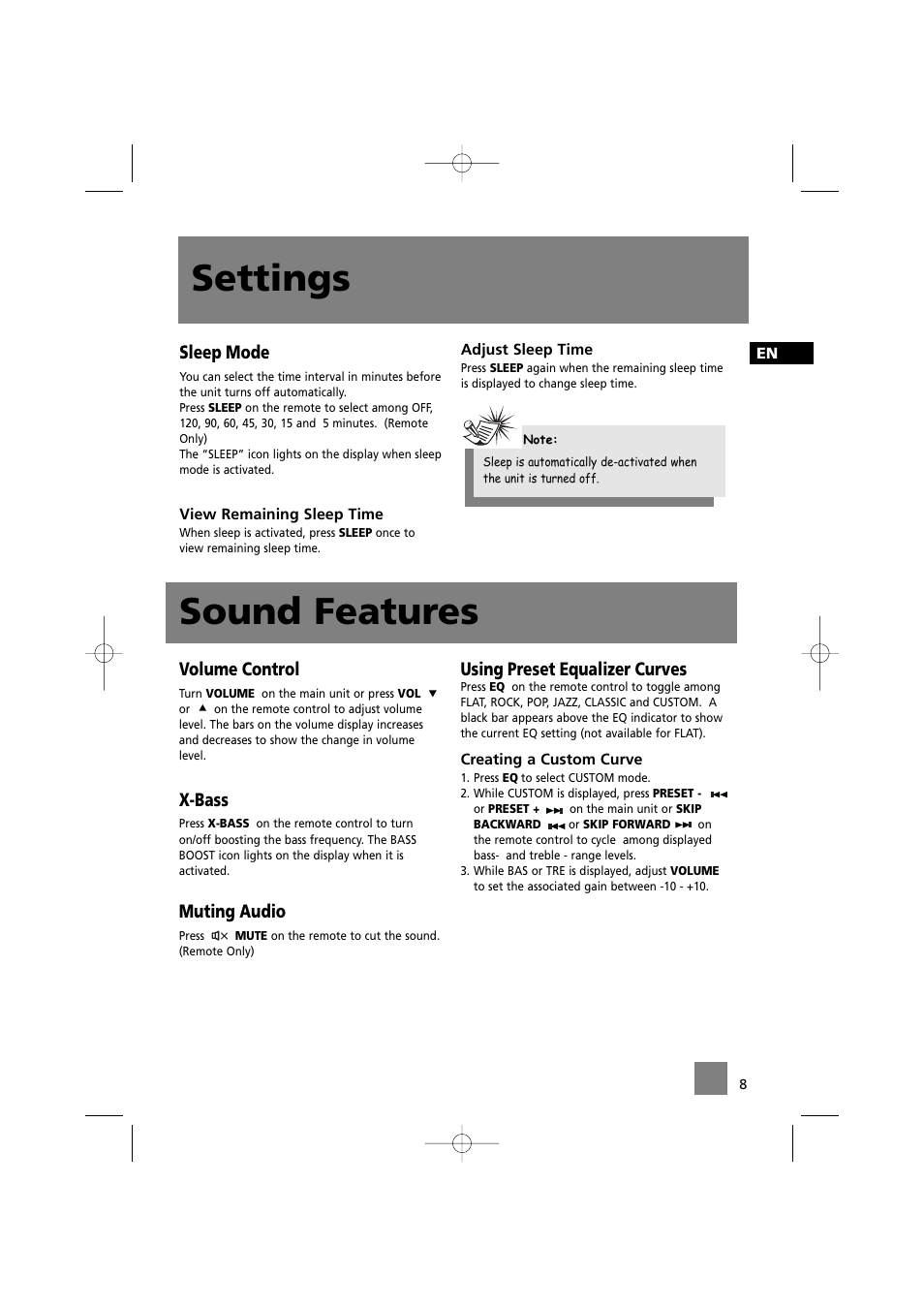 Settings, Sound features, Sleep mode | Volume control, X-bass, Muting audio, Using preset equalizer curves | Technicolor - Thomson MS4200 User Manual | Page 12 / 23