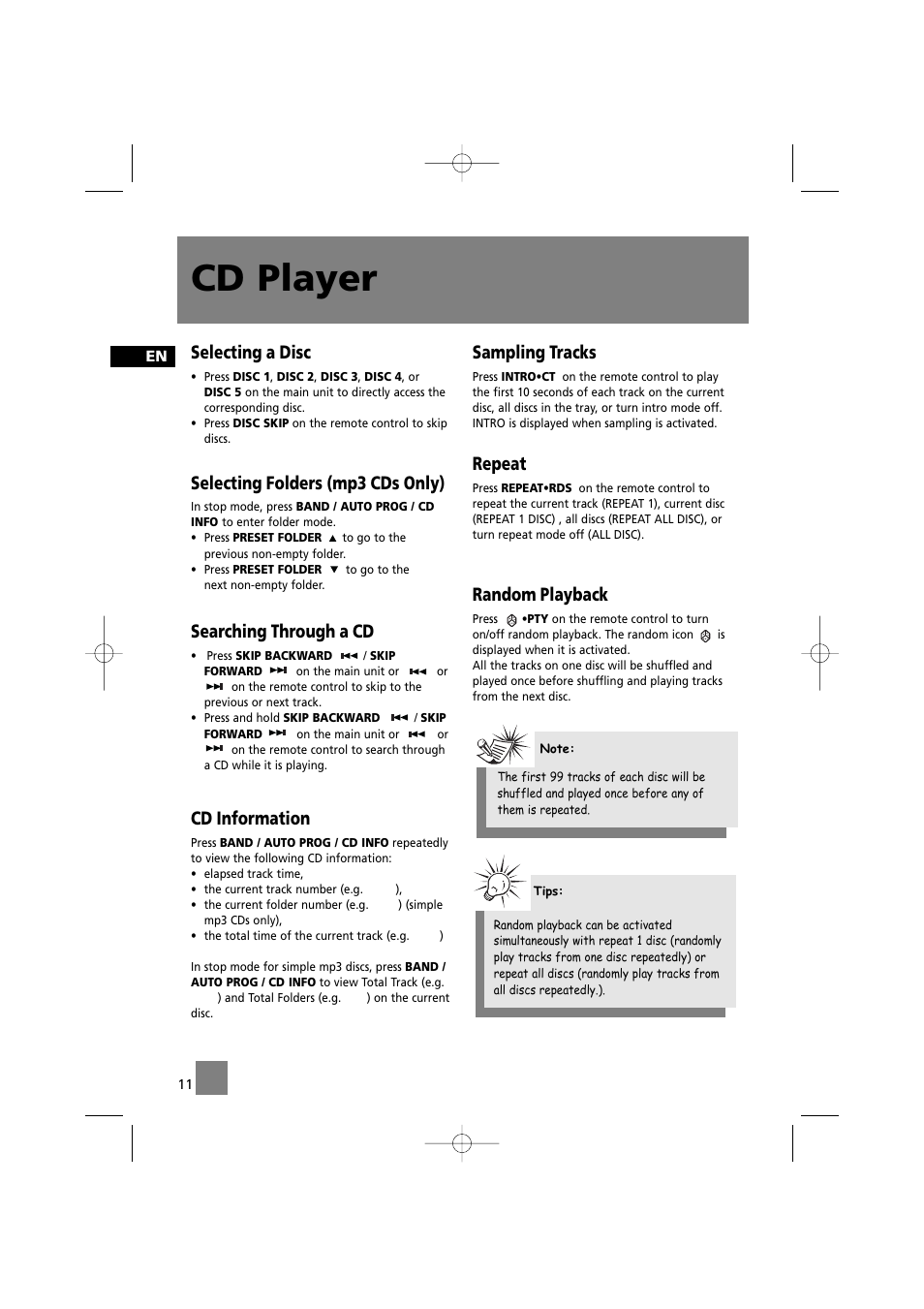 Cd player, Selecting a disc, Selecting folders (mp3 cds only) | Searching through a cd, Cd information, Sampling tracks, Repeat, Random playback | Technicolor - Thomson MS4200 User Manual | Page 15 / 23