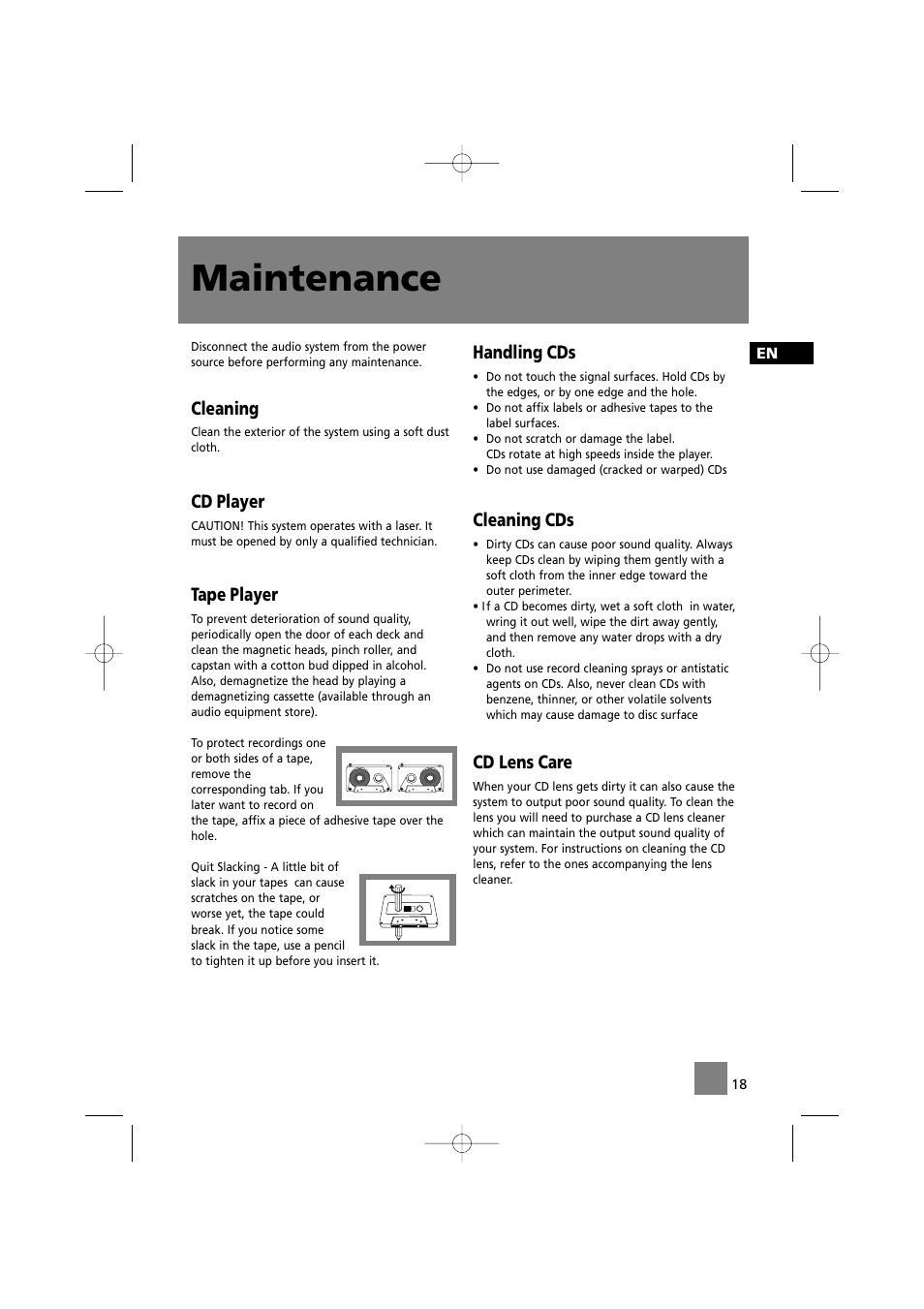 Maintenance, Cleaning, Cd player | Tape player, Handling cds, Cleaning cds, Cd lens care | Technicolor - Thomson MS4200 User Manual | Page 22 / 23