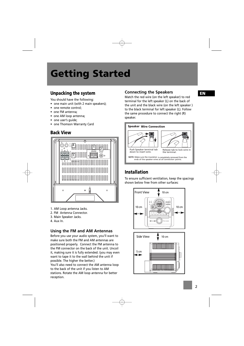 Getting started, Unpacking the system, Back view | Installation, Using the fm and am antennas, Connecting the speakers | Technicolor - Thomson MS4200 User Manual | Page 6 / 23