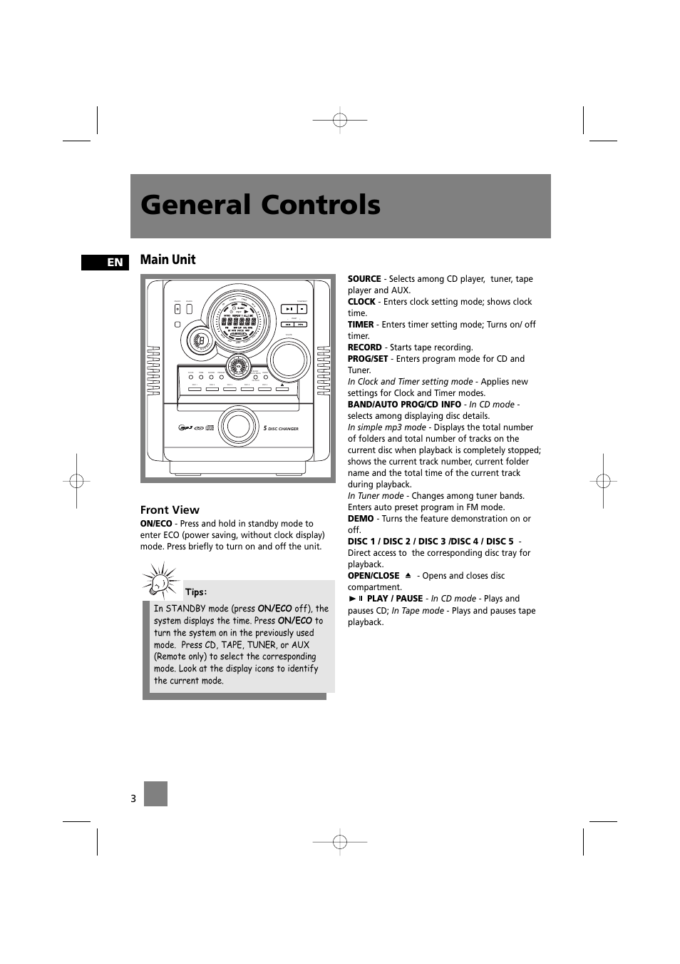 General controls, Main unit, Front view | Cd-r / rw compatible | Technicolor - Thomson MS4200 User Manual | Page 7 / 23