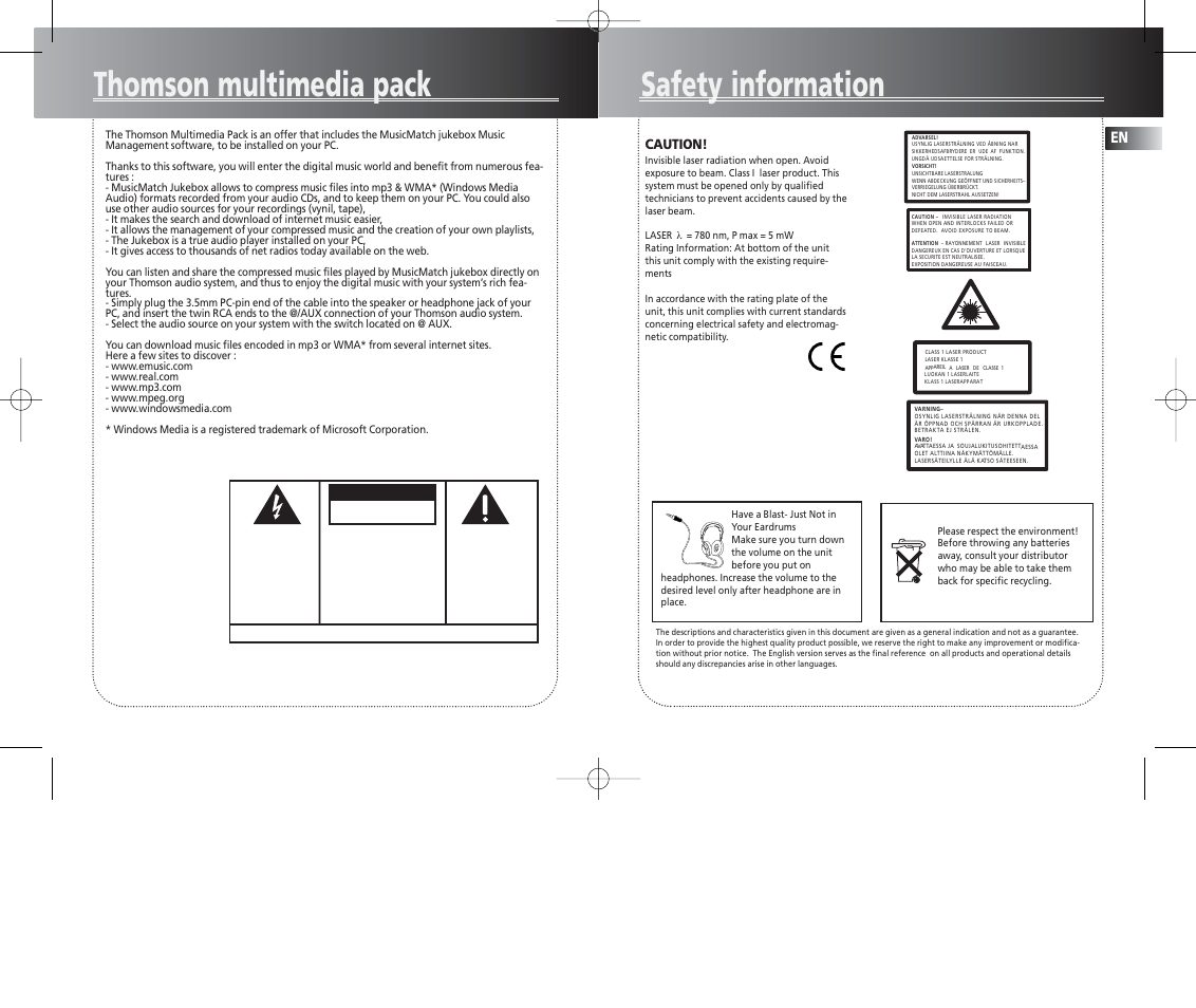 Safety information, Thomson multimedia pack, Caution | Warning | Technicolor - Thomson PDP2069 User Manual | Page 2 / 12