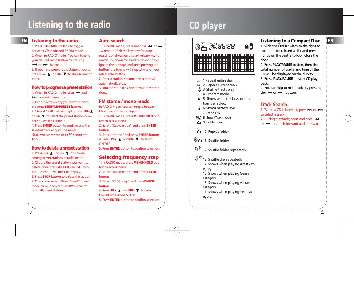 Listening to the radio, Cd player | Technicolor - Thomson PDP2069 User Manual | Page 5 / 12