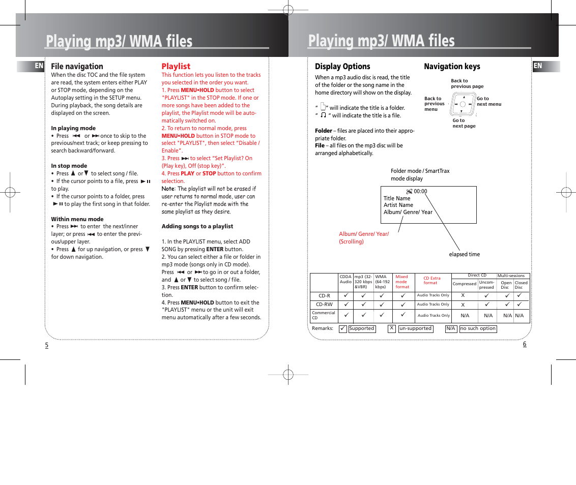 Playing mp3/ wma files, File navigation, Playlist | Display options, Navigation keys | Technicolor - Thomson PDP2069 User Manual | Page 6 / 12