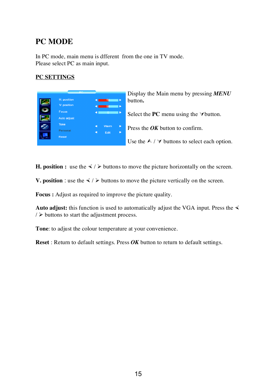 Pc mode | Technicolor - Thomson 20LW052 User Manual | Page 15 / 21