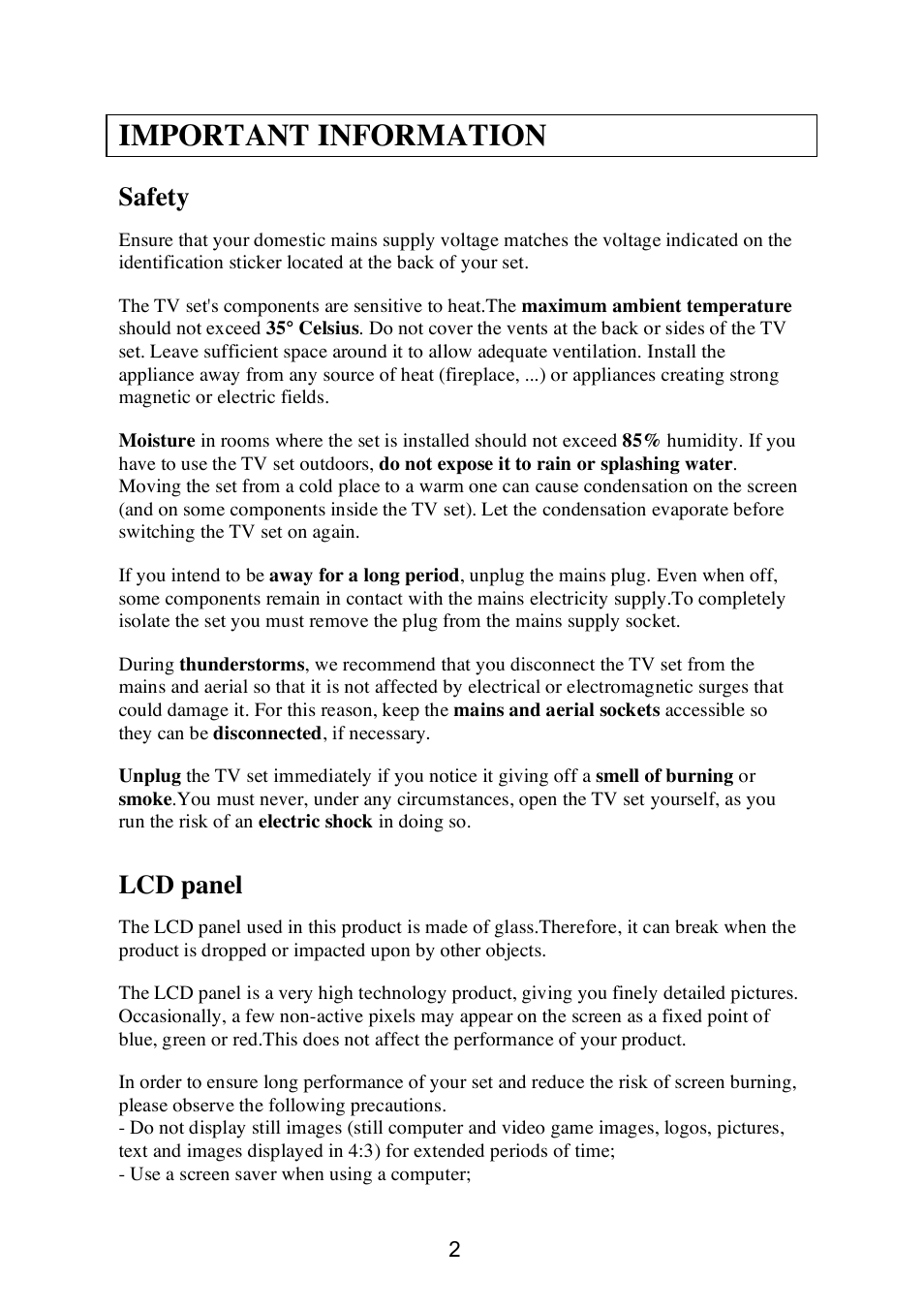 Important information, Safety, Lcd panel | Technicolor - Thomson 20LW052 User Manual | Page 2 / 21