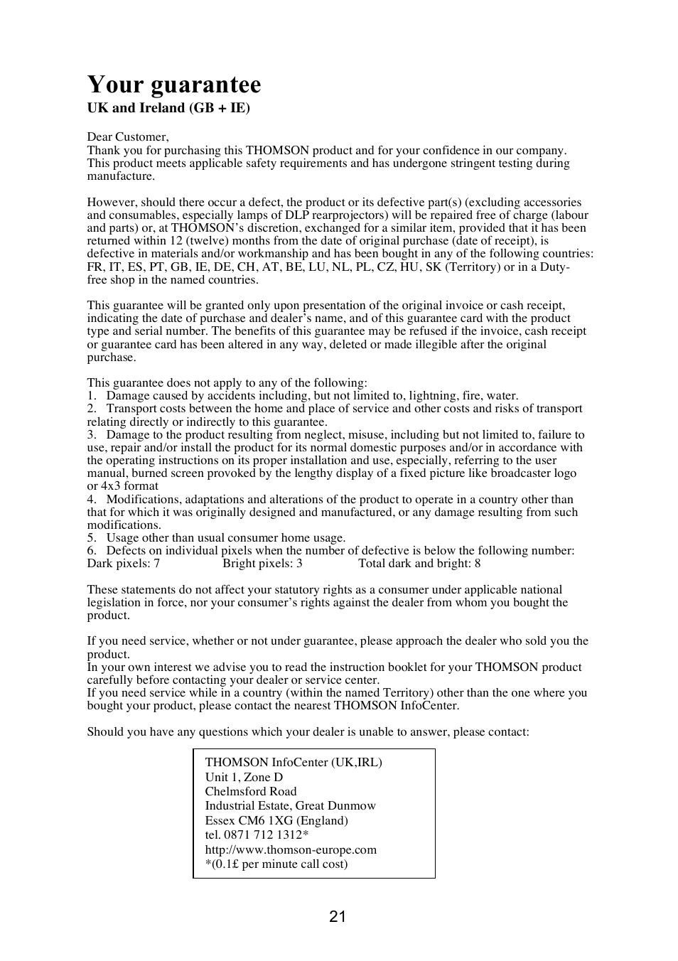 Your guarantee | Technicolor - Thomson 20LW052 User Manual | Page 21 / 21