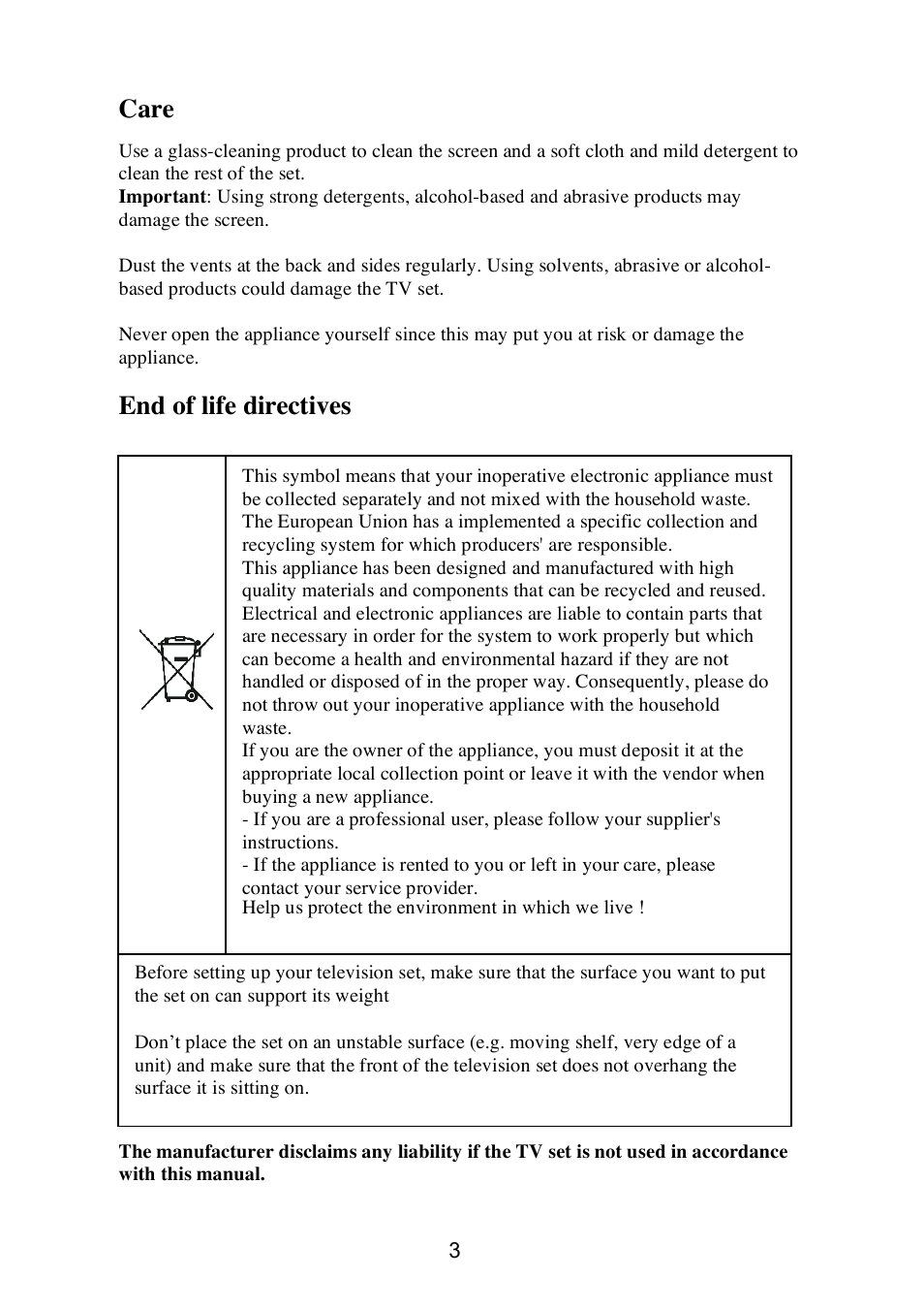 Care, End of life directives | Technicolor - Thomson 20LW052 User Manual | Page 3 / 21
