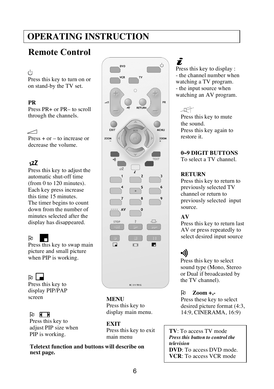 Operating instruction, Remote control | Technicolor - Thomson 20LW052 User Manual | Page 6 / 21