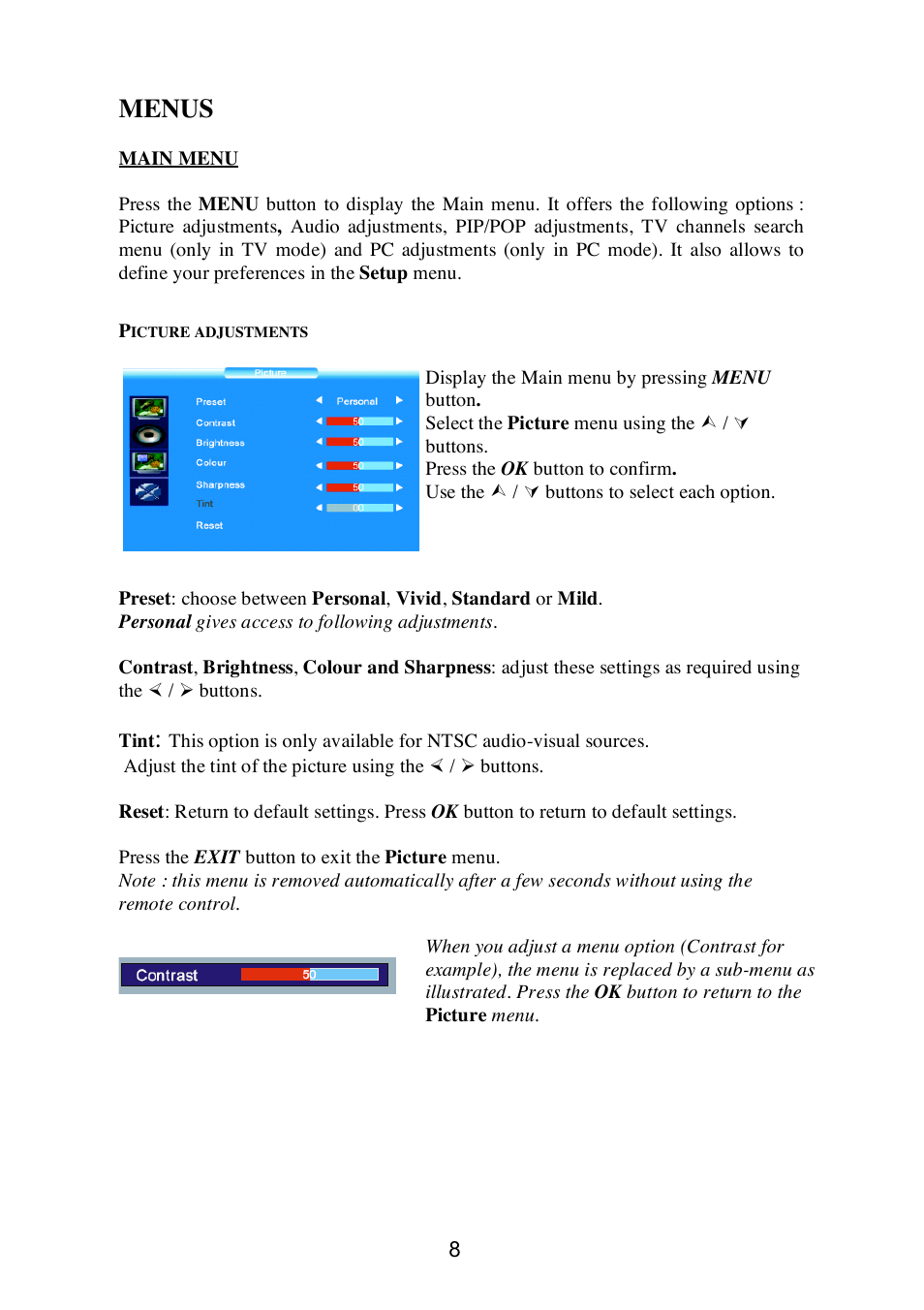 Menus | Technicolor - Thomson 20LW052 User Manual | Page 8 / 21