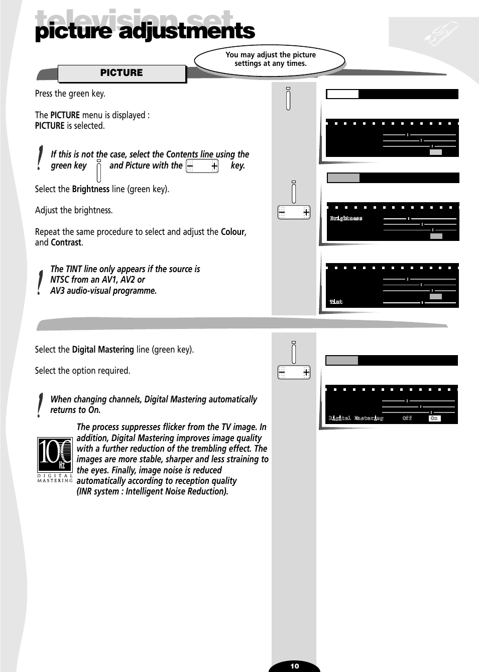 Picture adjustements, Picture, Digital mastering | Television set, Picture adjustments | Technicolor - Thomson 32VT68N User Manual | Page 10 / 30