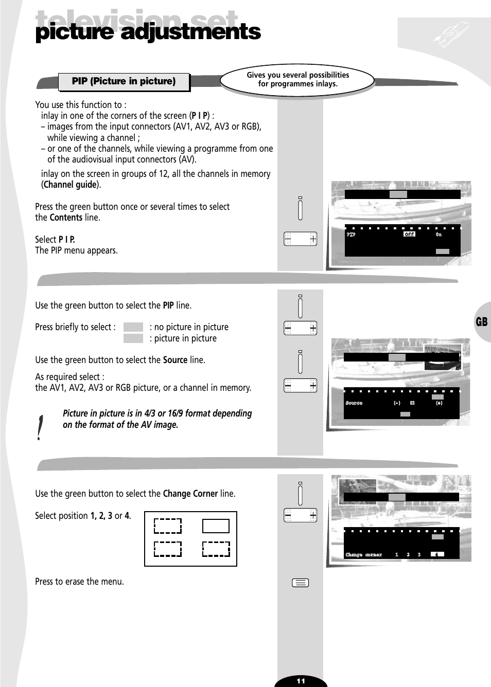 Pip (picture in picture), Image inlay (pip), Inlaid image position | Television set, Picture adjustments, Image inlay (pip) inlaid image position | Technicolor - Thomson 32VT68N User Manual | Page 11 / 30