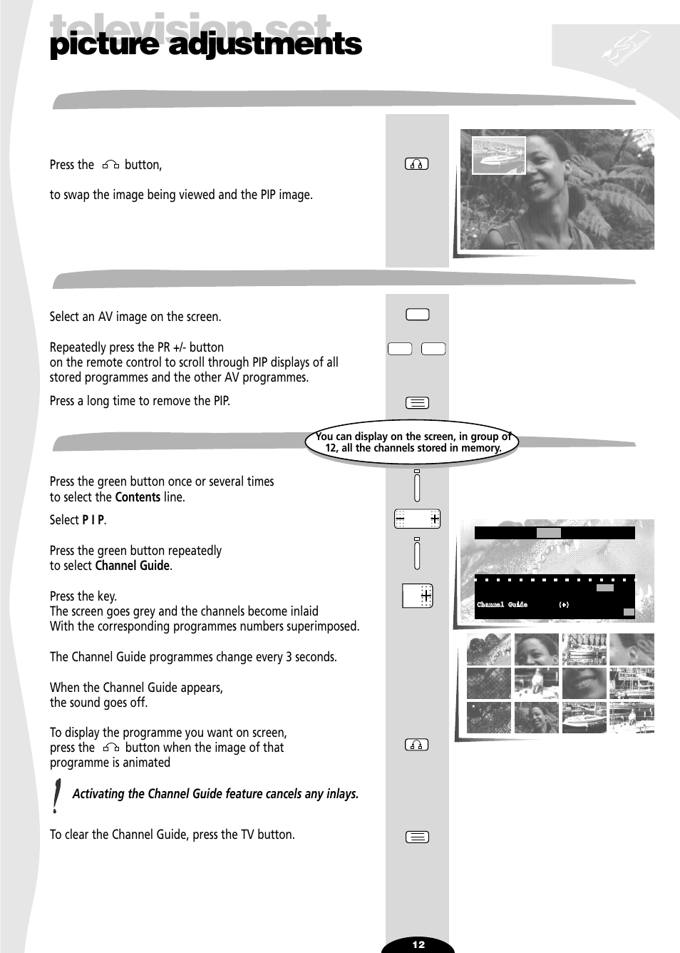 Picture swap, Scanning all inlaid image programmes, Mosaic | Television set, Picture adjustments, Picture swap scanning all inlaid image programmes | Technicolor - Thomson 32VT68N User Manual | Page 12 / 30