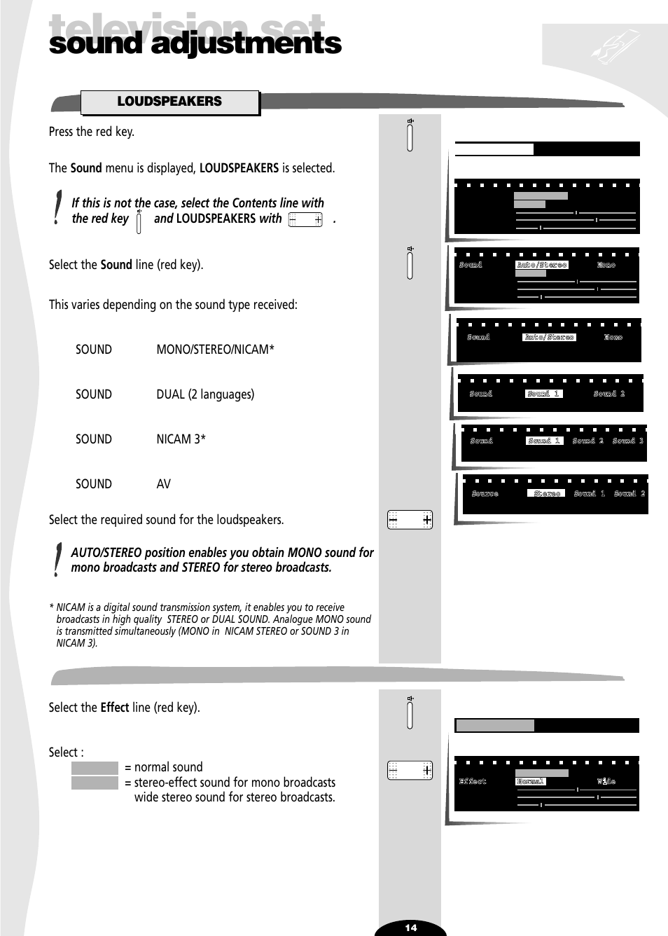 Sound adjustements, Loudspeakers, Effect | Television set, Sound adjustments | Technicolor - Thomson 32VT68N User Manual | Page 14 / 30