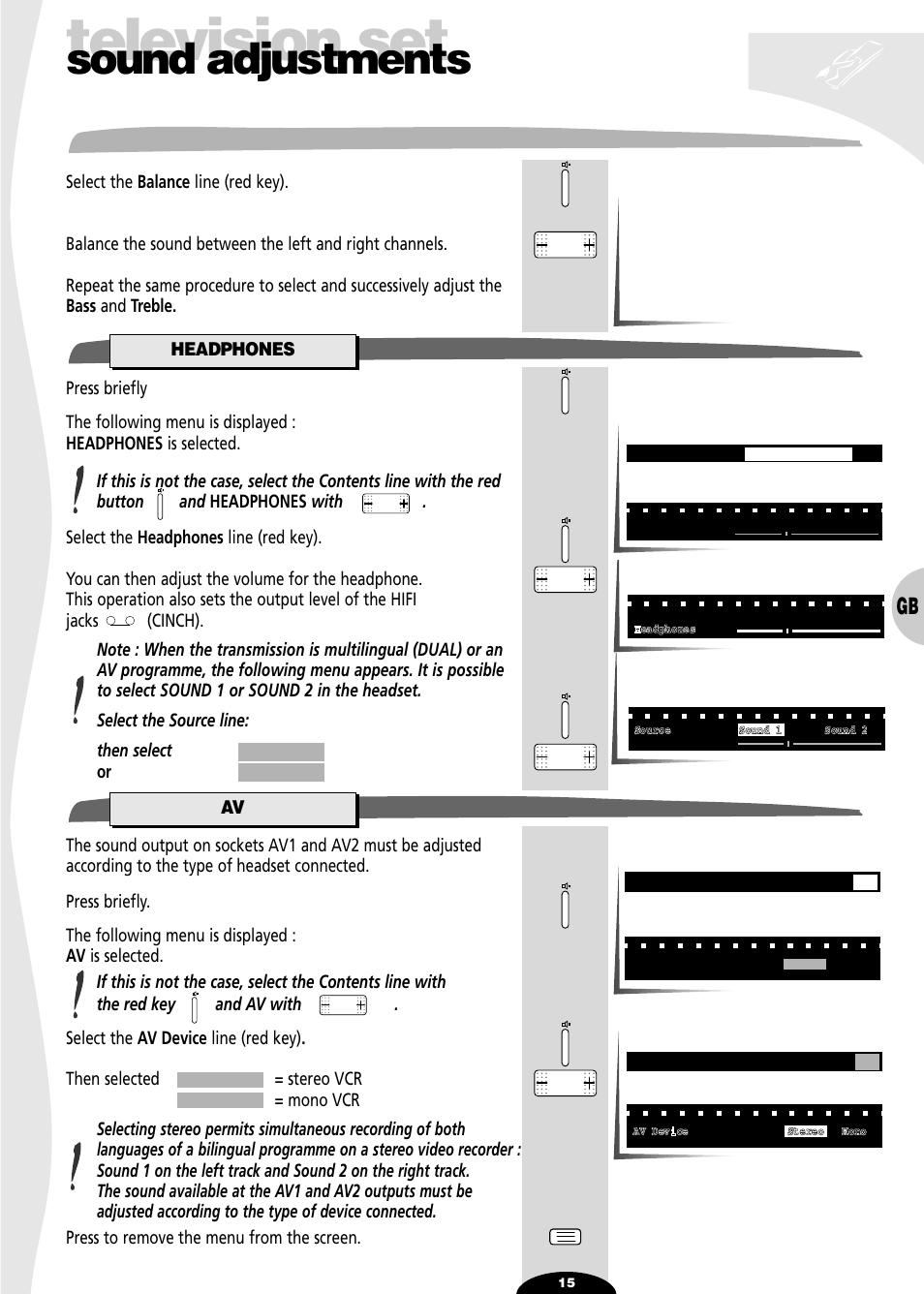 Balance, Headphones, Television set | Sound adjustments | Technicolor - Thomson 32VT68N User Manual | Page 15 / 30