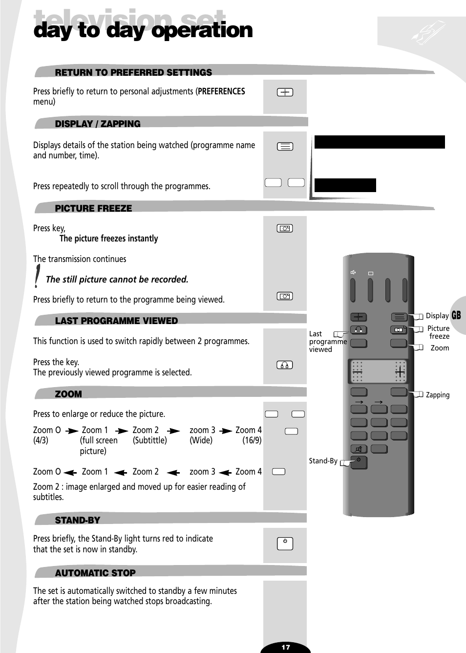 Return to preferred settings, Display / zapping, Picture freeze | Last programme viewed, Zoom, Stand-by, Automatic stop, Television set, Day to day operation | Technicolor - Thomson 32VT68N User Manual | Page 17 / 30