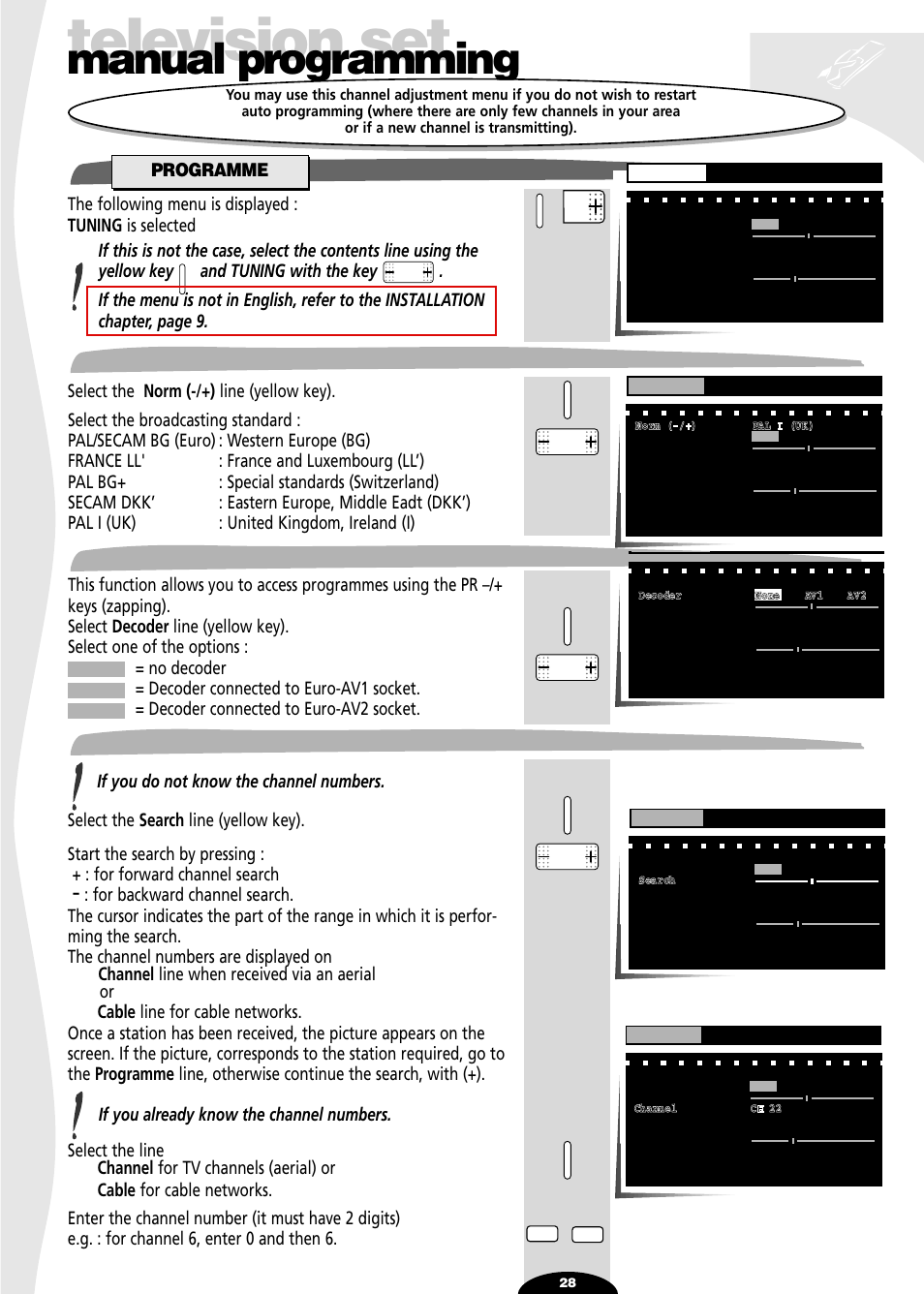 Manual programming, Programme, Norm | Decoder, Channel/cable, Television set, Norm channel/cable | Technicolor - Thomson 32VT68N User Manual | Page 28 / 30
