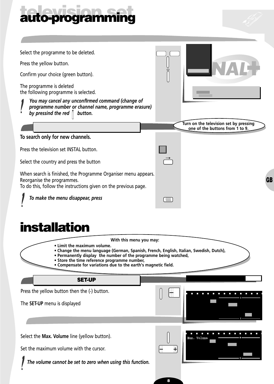 To delete a programme, New channels, Installation | Set-up, Maximum volume limitation, Television set, Auto-programming | Technicolor - Thomson 32VT68N User Manual | Page 8 / 30