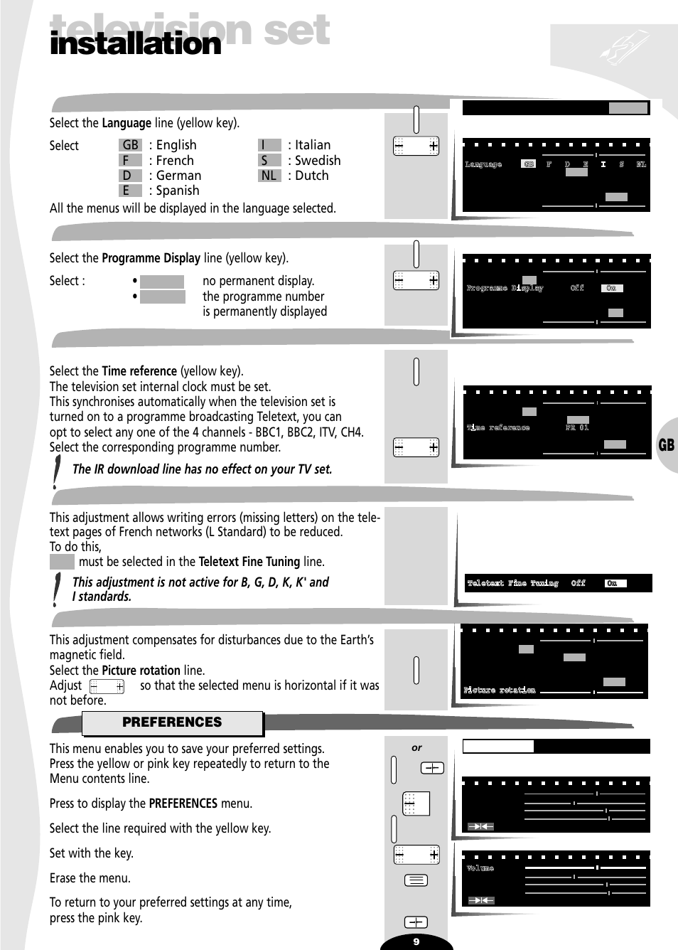 Menu language, Programme number display, Time reference | Teletext fine tuning, Magnetic field correction, Preferences, Television set, Installation | Technicolor - Thomson 32VT68N User Manual | Page 9 / 30