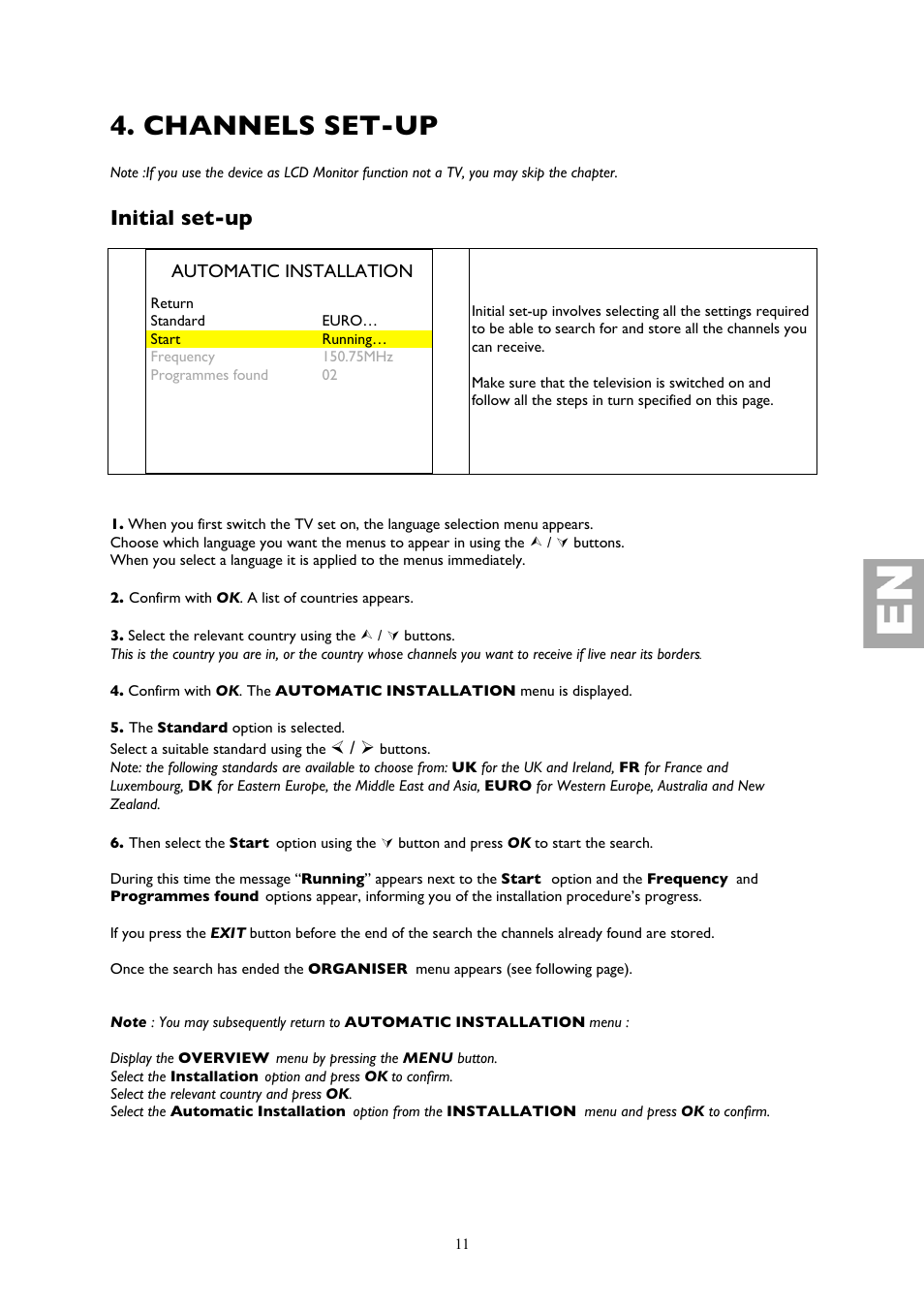 Channels set-up, Initial set-up, Automatic installation | Technicolor - Thomson YPrPb User Manual | Page 11 / 23