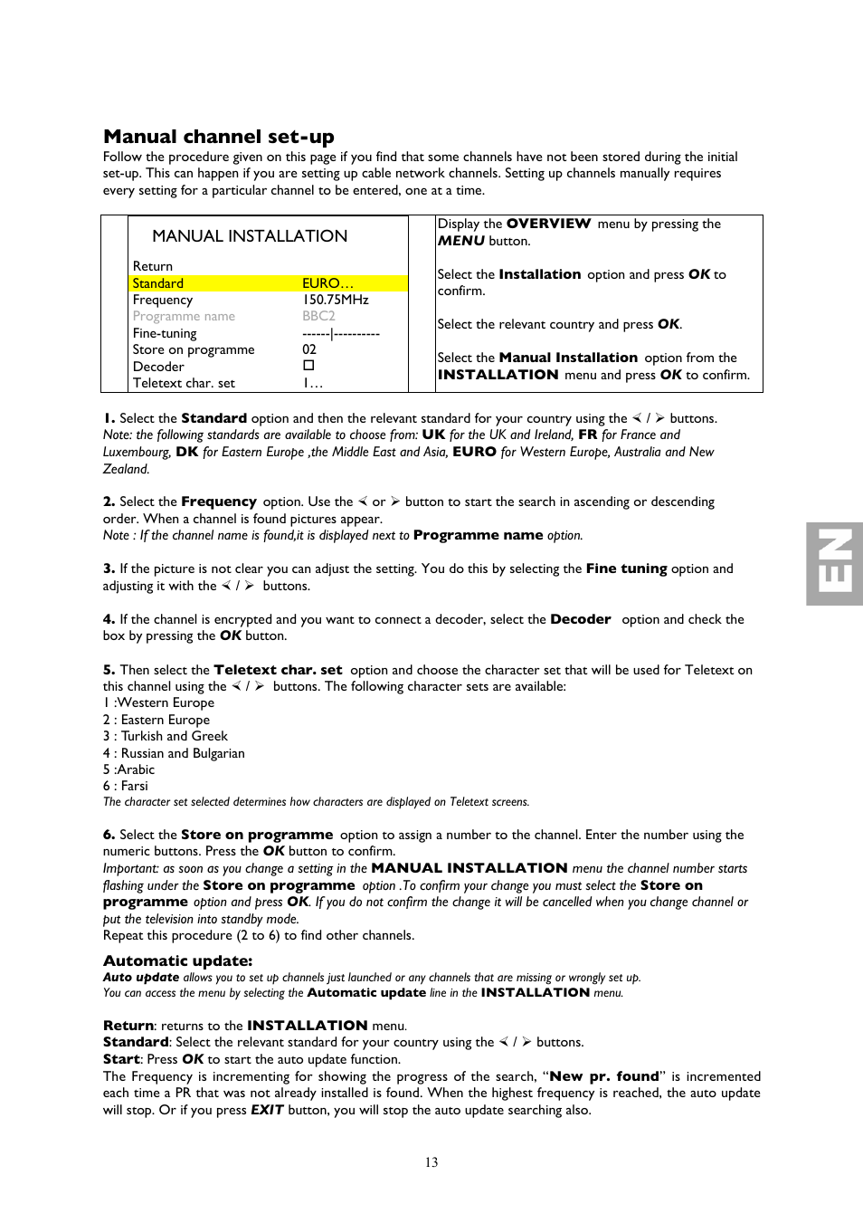 Manual channel set-up, Manual installation | Technicolor - Thomson YPrPb User Manual | Page 13 / 23