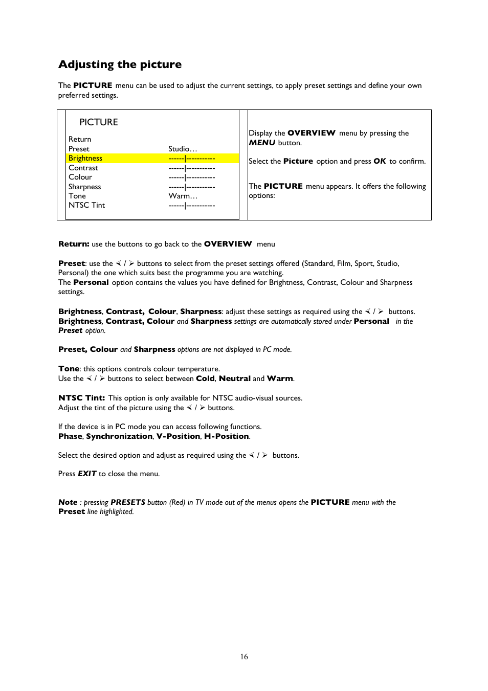 Adjusting the picture, Picture | Technicolor - Thomson YPrPb User Manual | Page 16 / 23