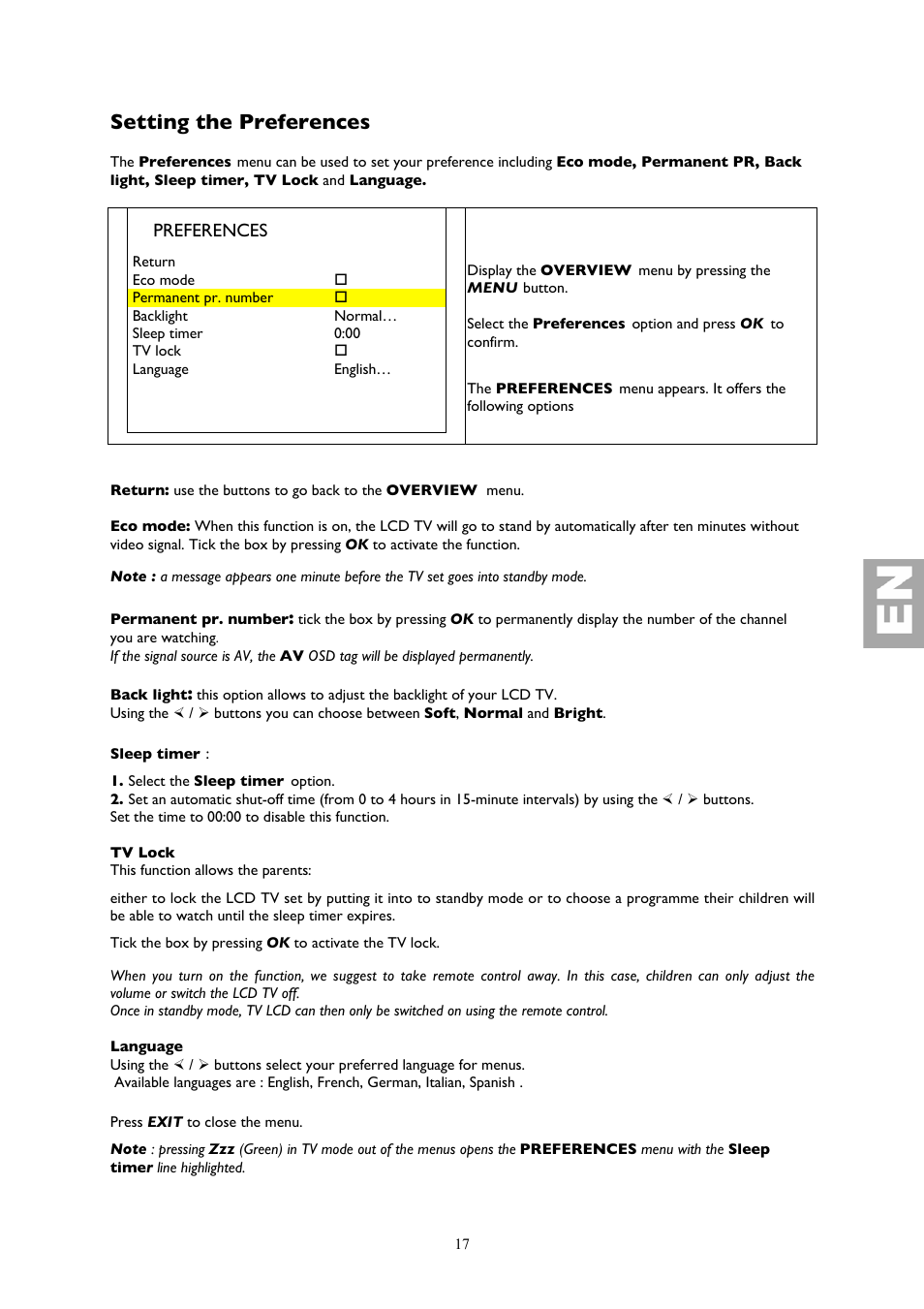 Setting the preferences, Preferences | Technicolor - Thomson YPrPb User Manual | Page 17 / 23