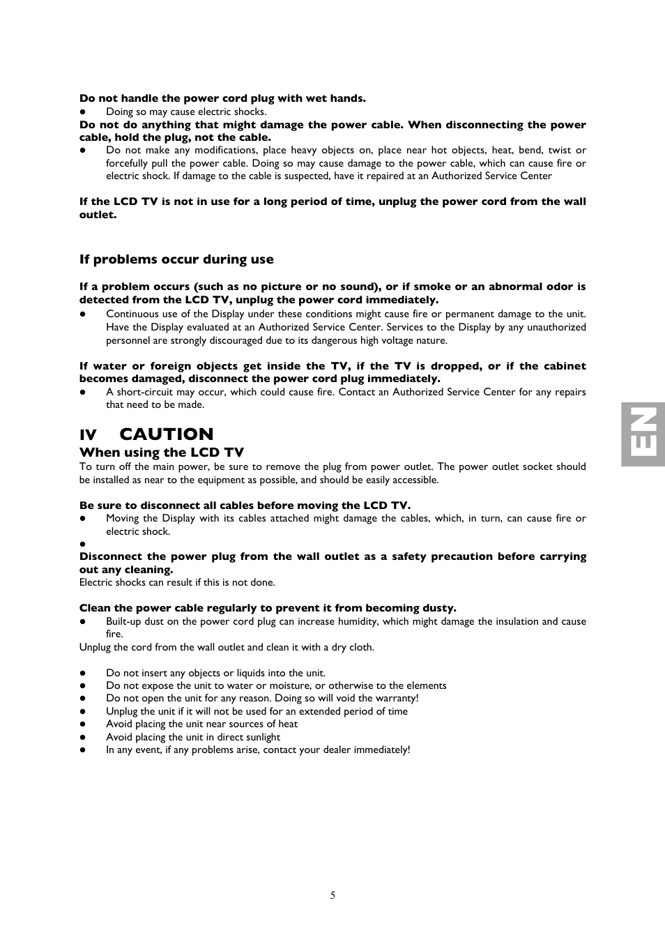 Caution, If problems occur during use, When using the lcd tv | Technicolor - Thomson YPrPb User Manual | Page 5 / 23