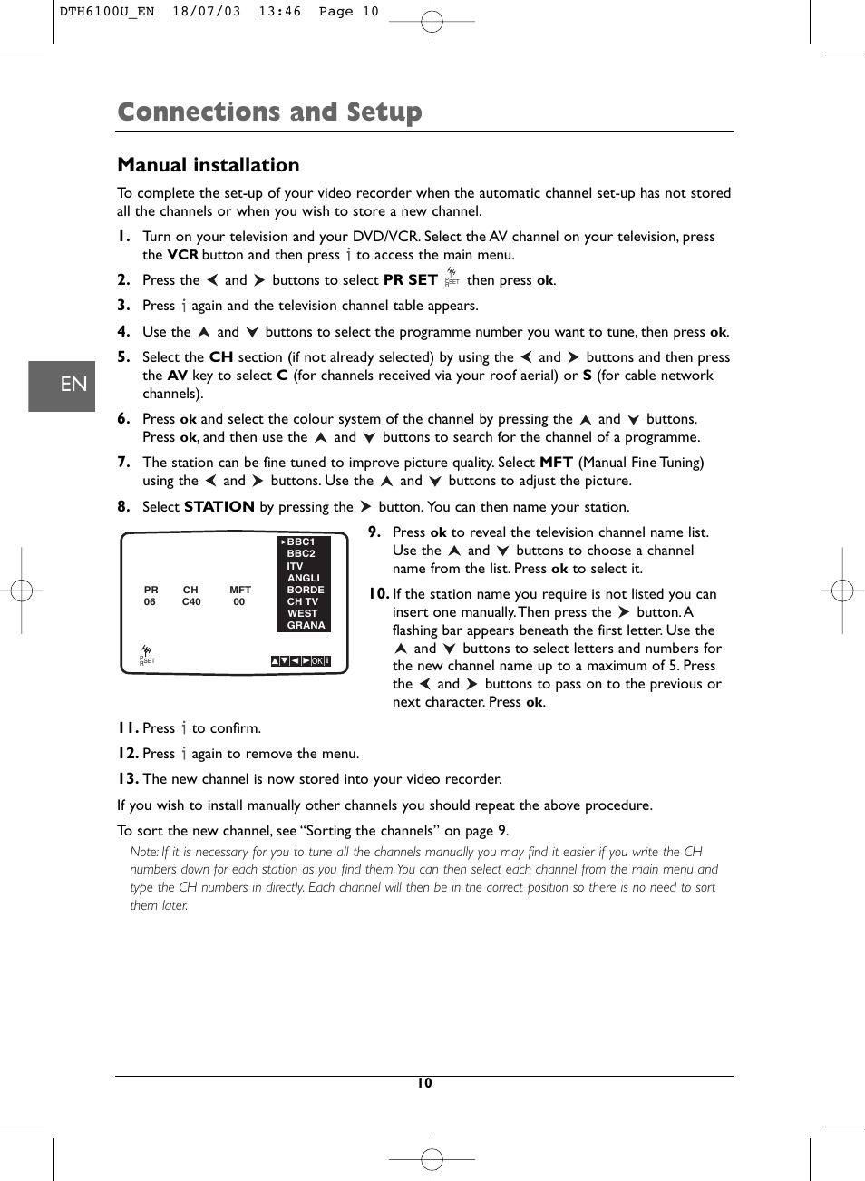 Connections and setup, Manual installation | Technicolor - Thomson DVD Player + TV Set + VCR User Manual | Page 10 / 37