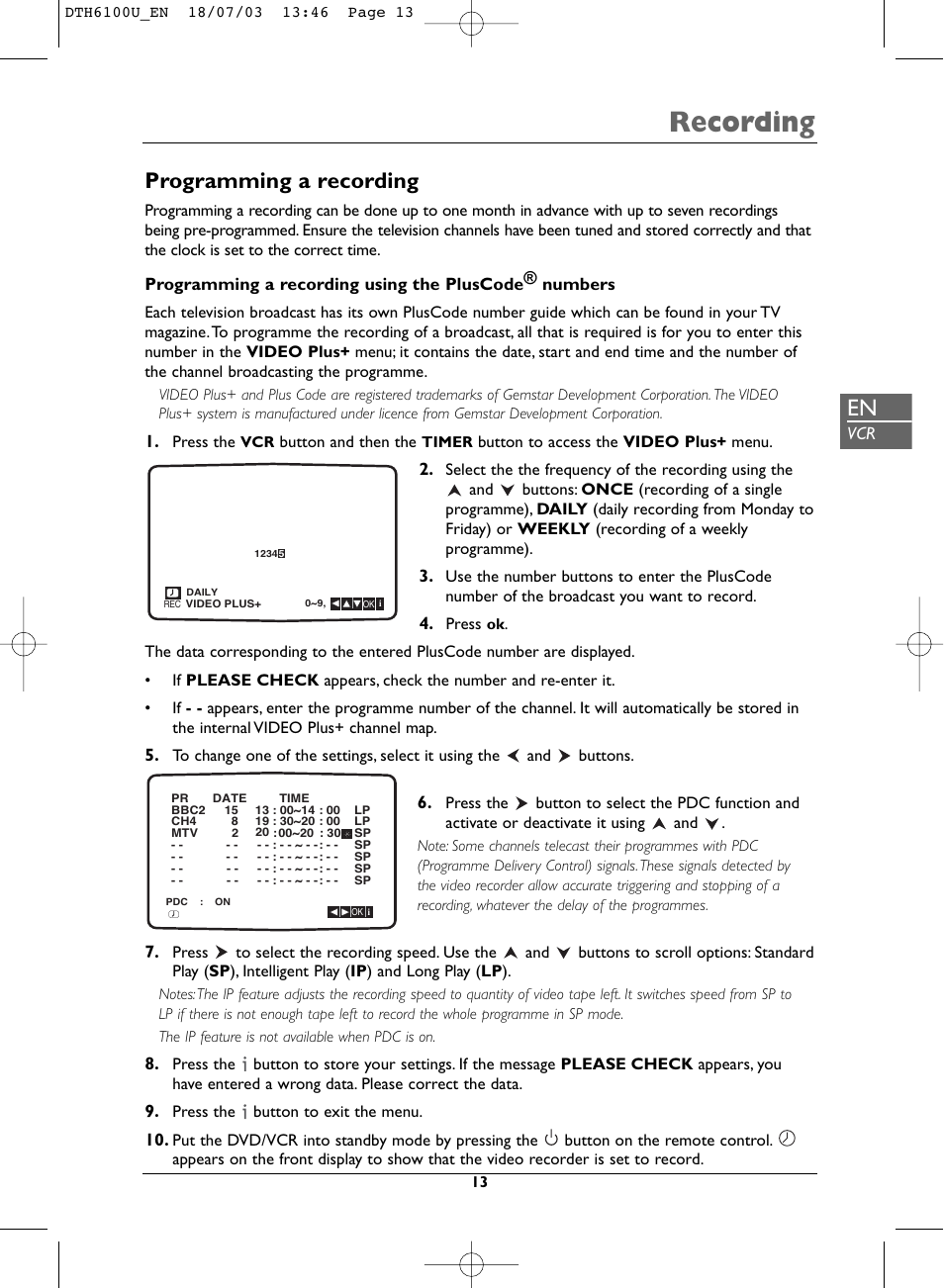 Recording, Programming a recording | Technicolor - Thomson DVD Player + TV Set + VCR User Manual | Page 13 / 37