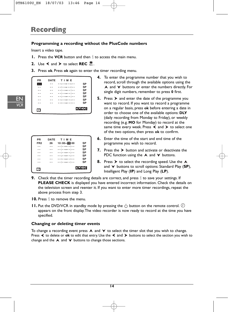 Recording, Changing or deleting timer events | Technicolor - Thomson DVD Player + TV Set + VCR User Manual | Page 14 / 37