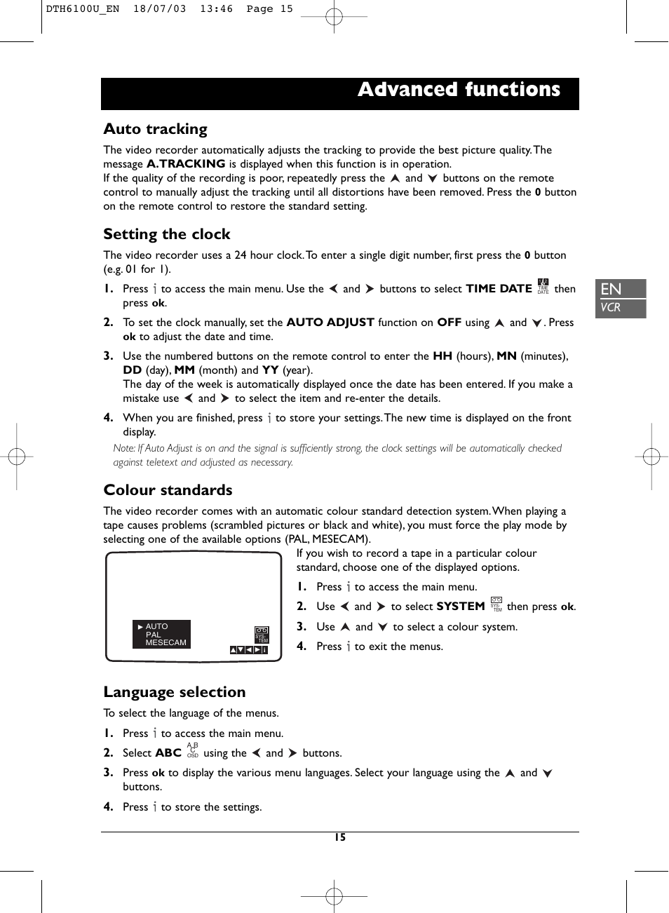 Advanced functions, Auto tracking, Setting the clock | Colour standards, Language selection | Technicolor - Thomson DVD Player + TV Set + VCR User Manual | Page 15 / 37