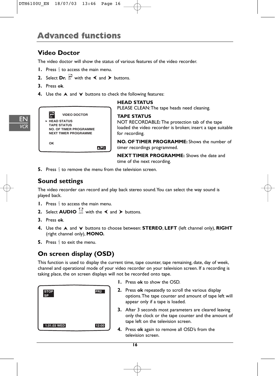 Advanced functions, Video doctor, Sound settings | On screen display (osd) | Technicolor - Thomson DVD Player + TV Set + VCR User Manual | Page 16 / 37