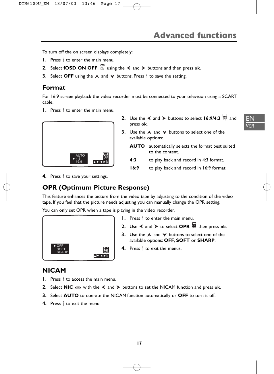 Advanced functions, Format, Opr (optimum picture response) | Nicam | Technicolor - Thomson DVD Player + TV Set + VCR User Manual | Page 17 / 37