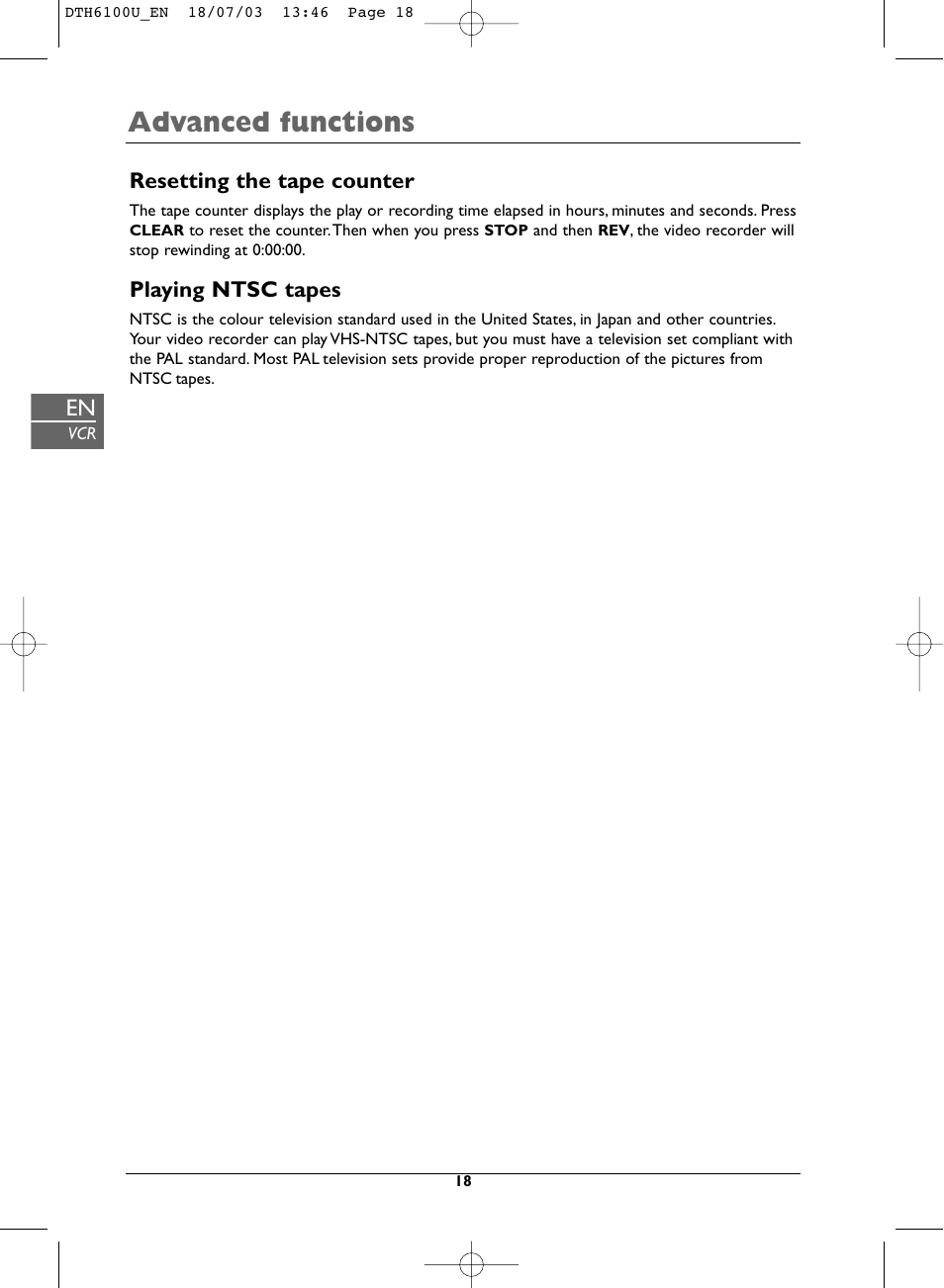 Advanced functions, Resetting the tape counter, Playing ntsc tapes | Technicolor - Thomson DVD Player + TV Set + VCR User Manual | Page 18 / 37