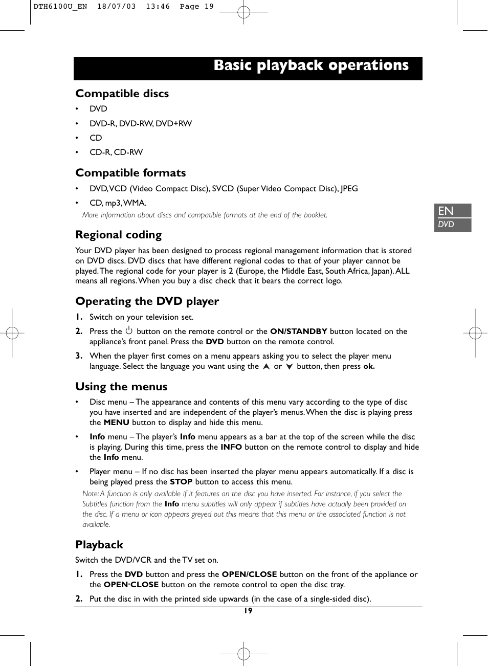 Basic playback operations, Compatible discs, Compatible formats | Regional coding, Operating the dvd player, Using the menus, Playback | Technicolor - Thomson DVD Player + TV Set + VCR User Manual | Page 19 / 37