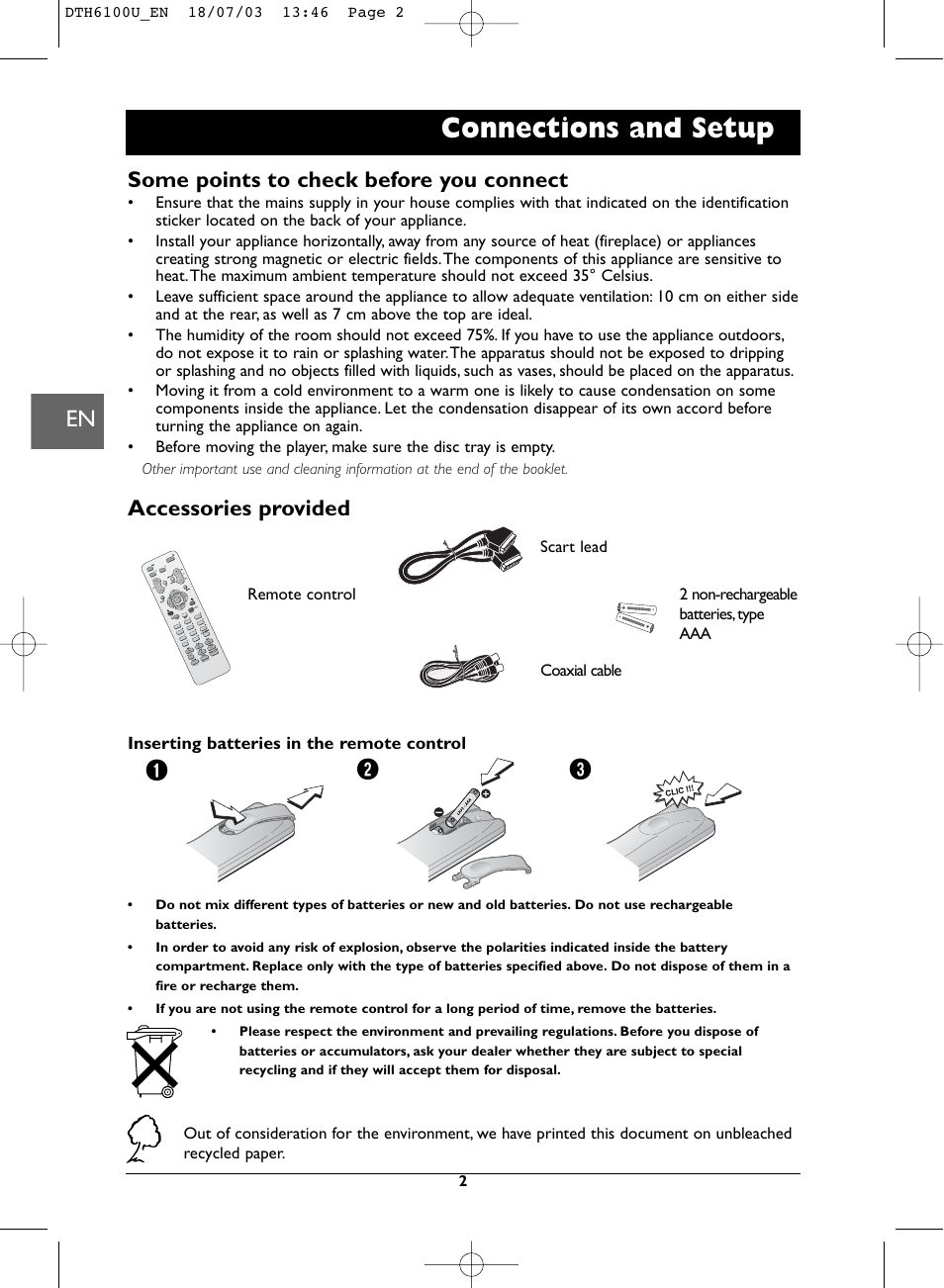 Connections and setup, Some points to check before you connect, Accessories provided | Technicolor - Thomson DVD Player + TV Set + VCR User Manual | Page 2 / 37