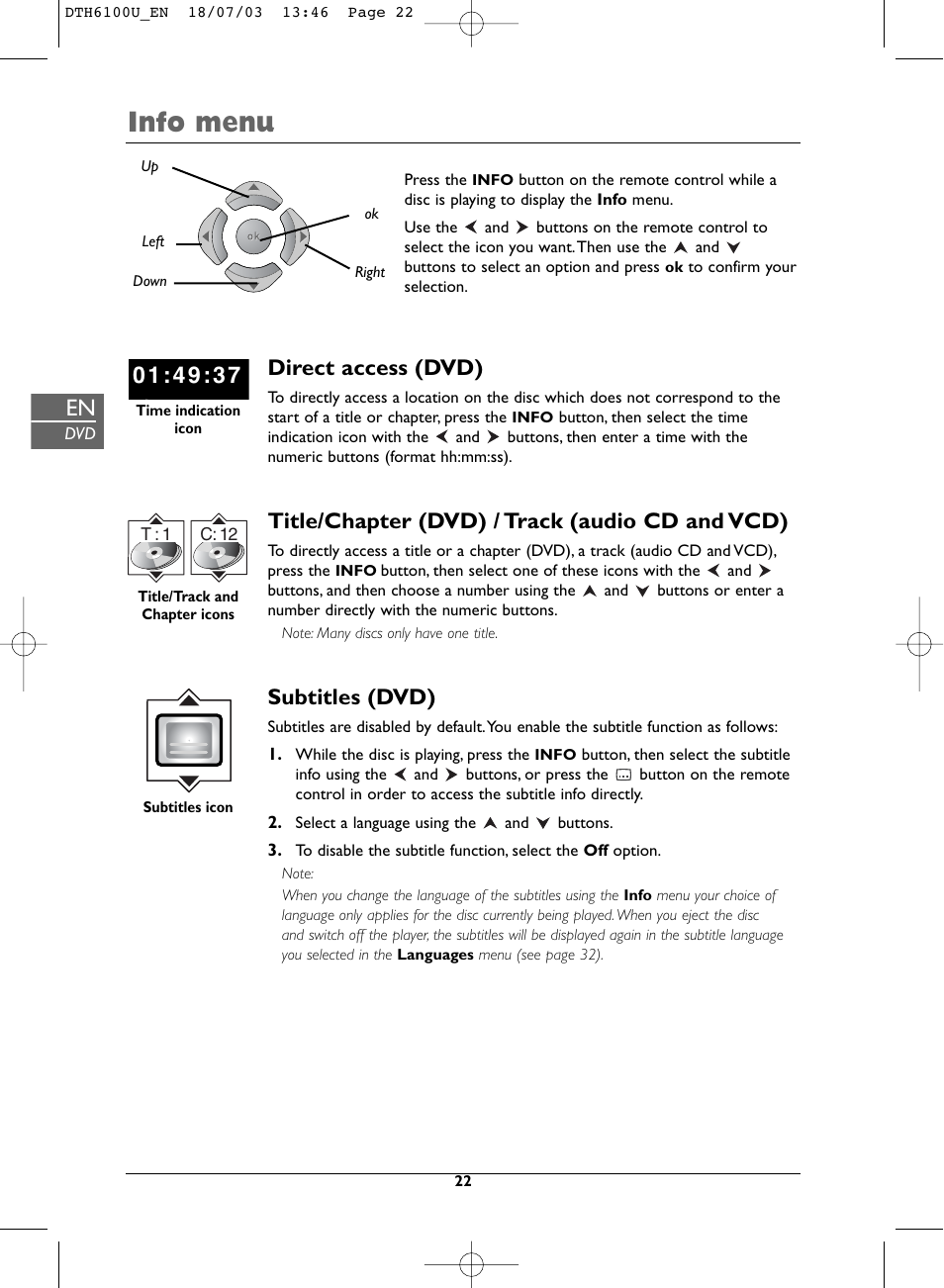 Info menu, Direct access (dvd), Title/chapter (dvd) / track (audio cd and vcd) | Subtitles (dvd) | Technicolor - Thomson DVD Player + TV Set + VCR User Manual | Page 22 / 37